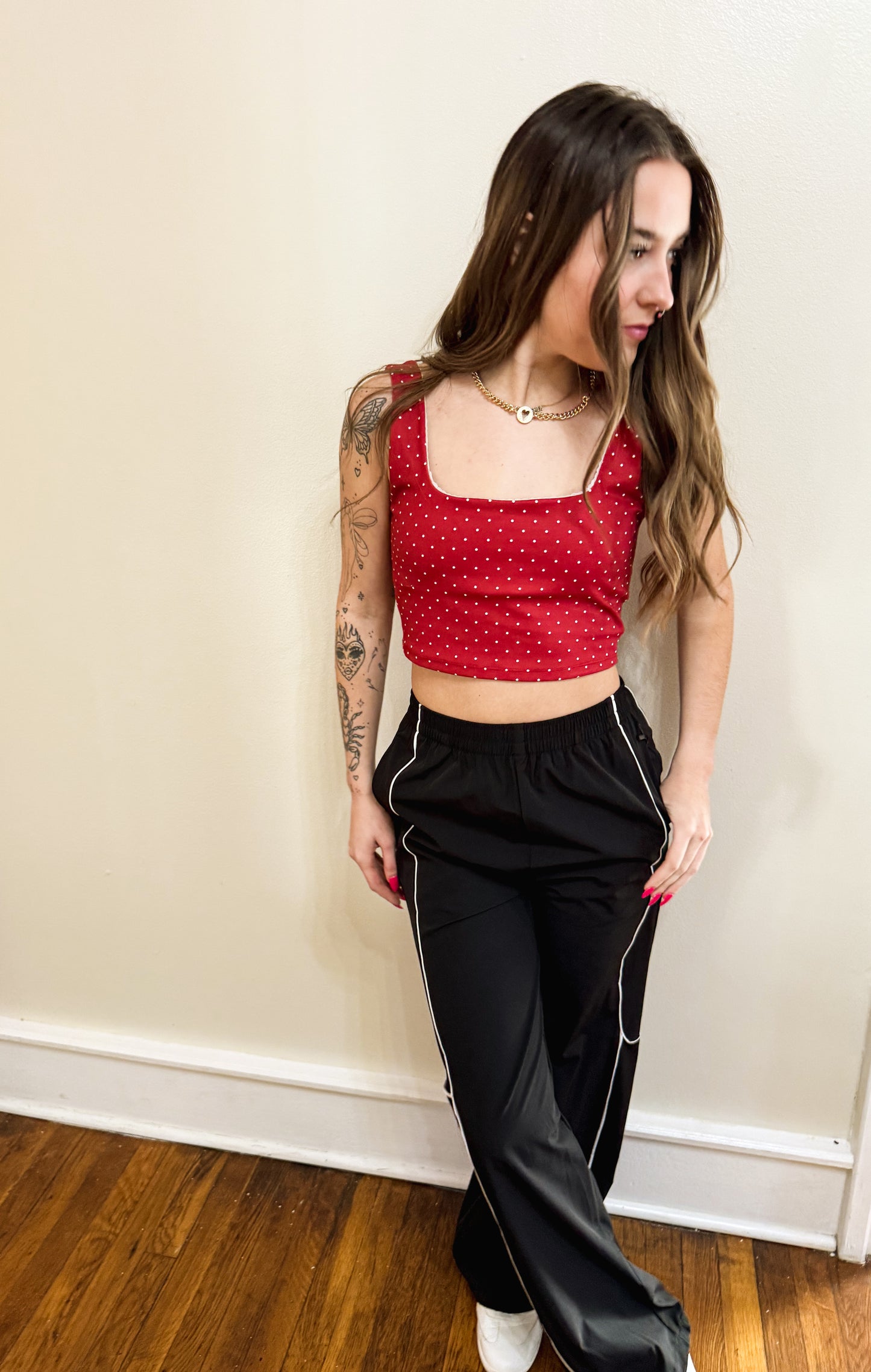 Polka Dot Print Crop Tank with Lace Trim