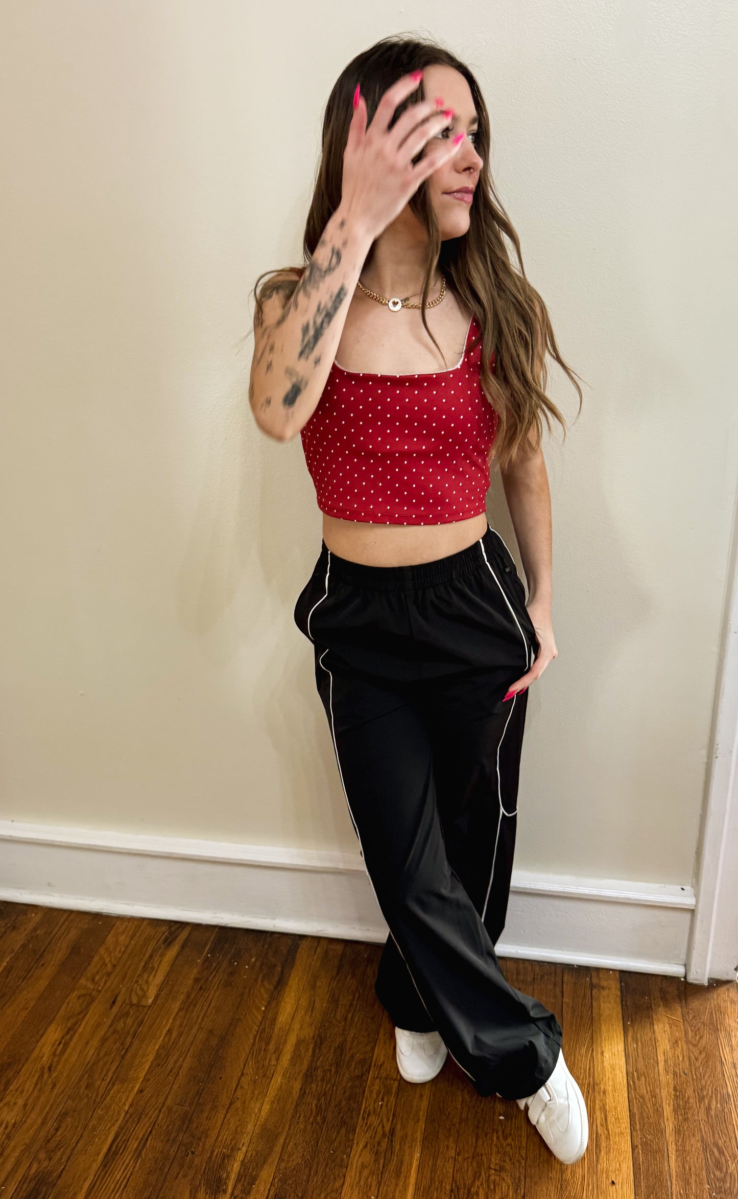 Polka Dot Print Crop Tank with Lace Trim