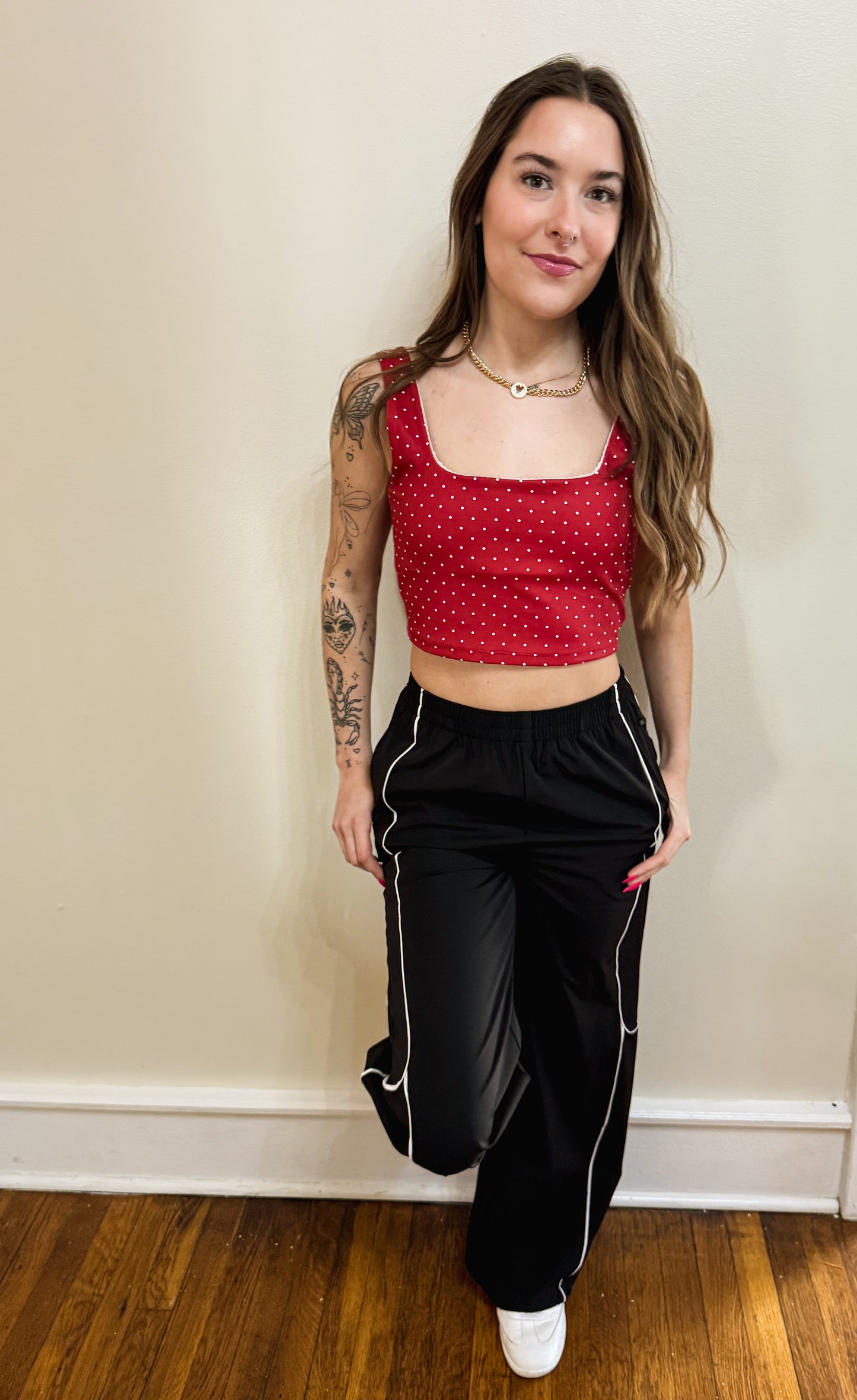 Polka Dot Print Crop Tank with Lace Trim