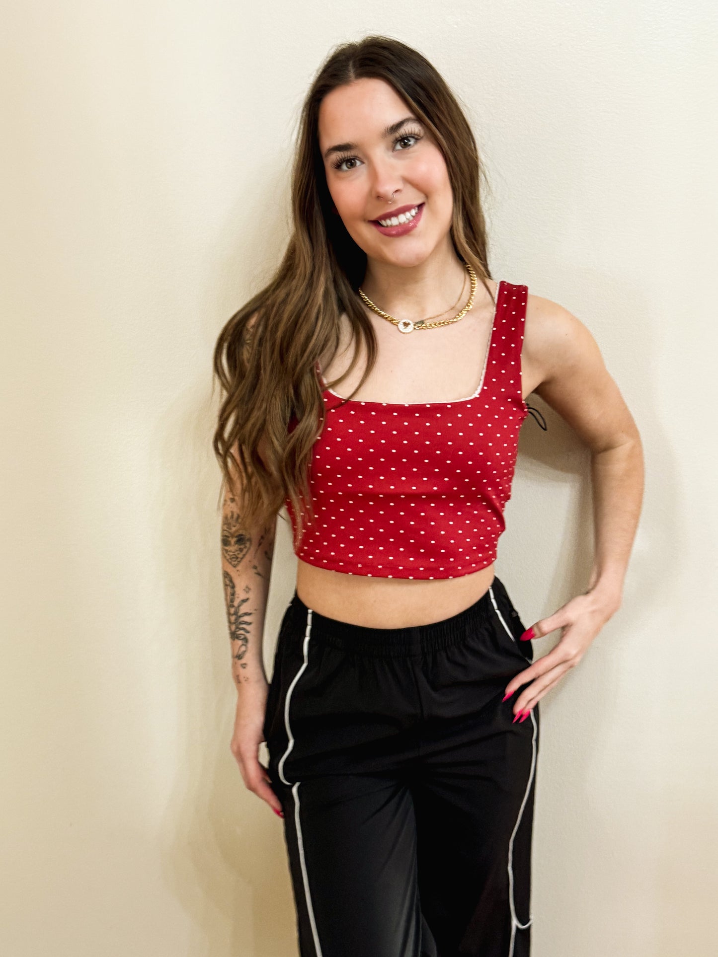 Polka Dot Print Crop Tank with Lace Trim
