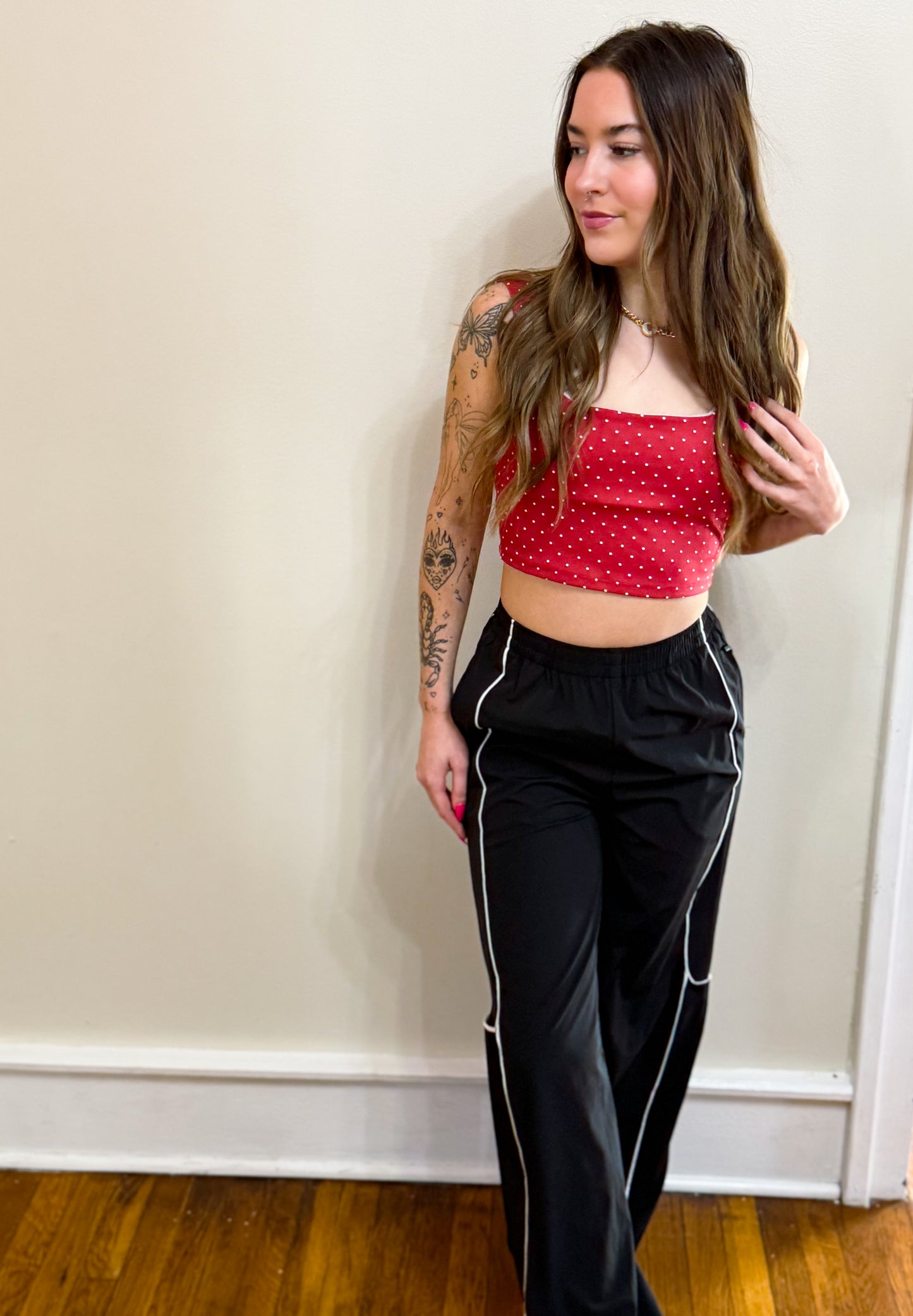 Polka Dot Print Crop Tank with Lace Trim