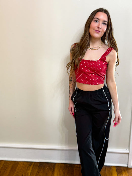 Polka Dot Print Crop Tank with Lace Trim