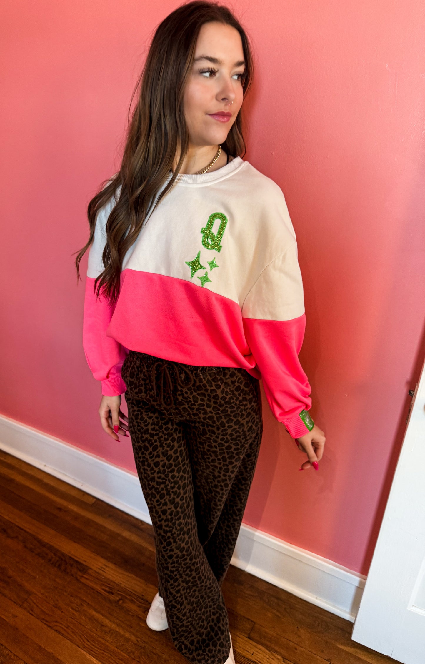 White & Neon Pink QOS Logo Sweatshirt