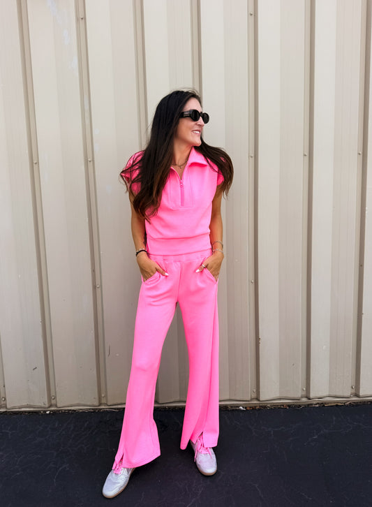 Neon Pink Cloud Fleece Short Sleeve Pullover