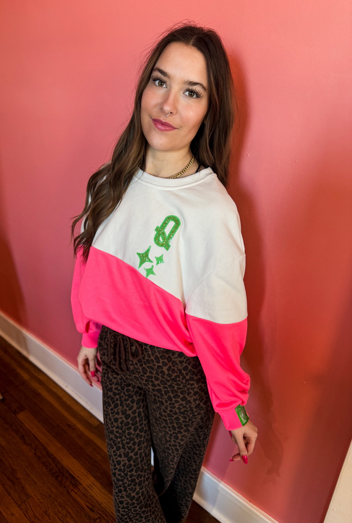 White & Neon Pink QOS Logo Sweatshirt