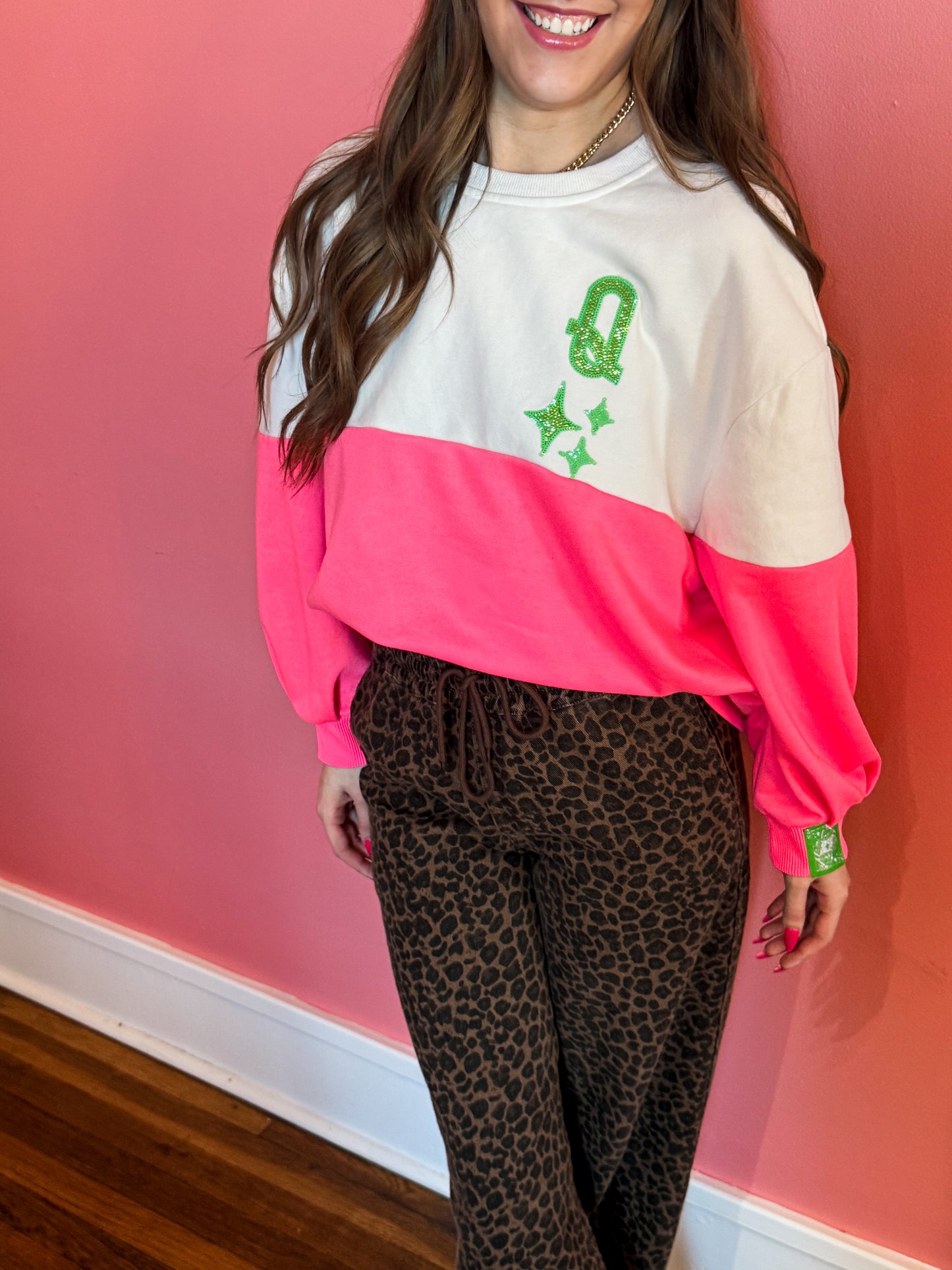White & Neon Pink QOS Logo Sweatshirt