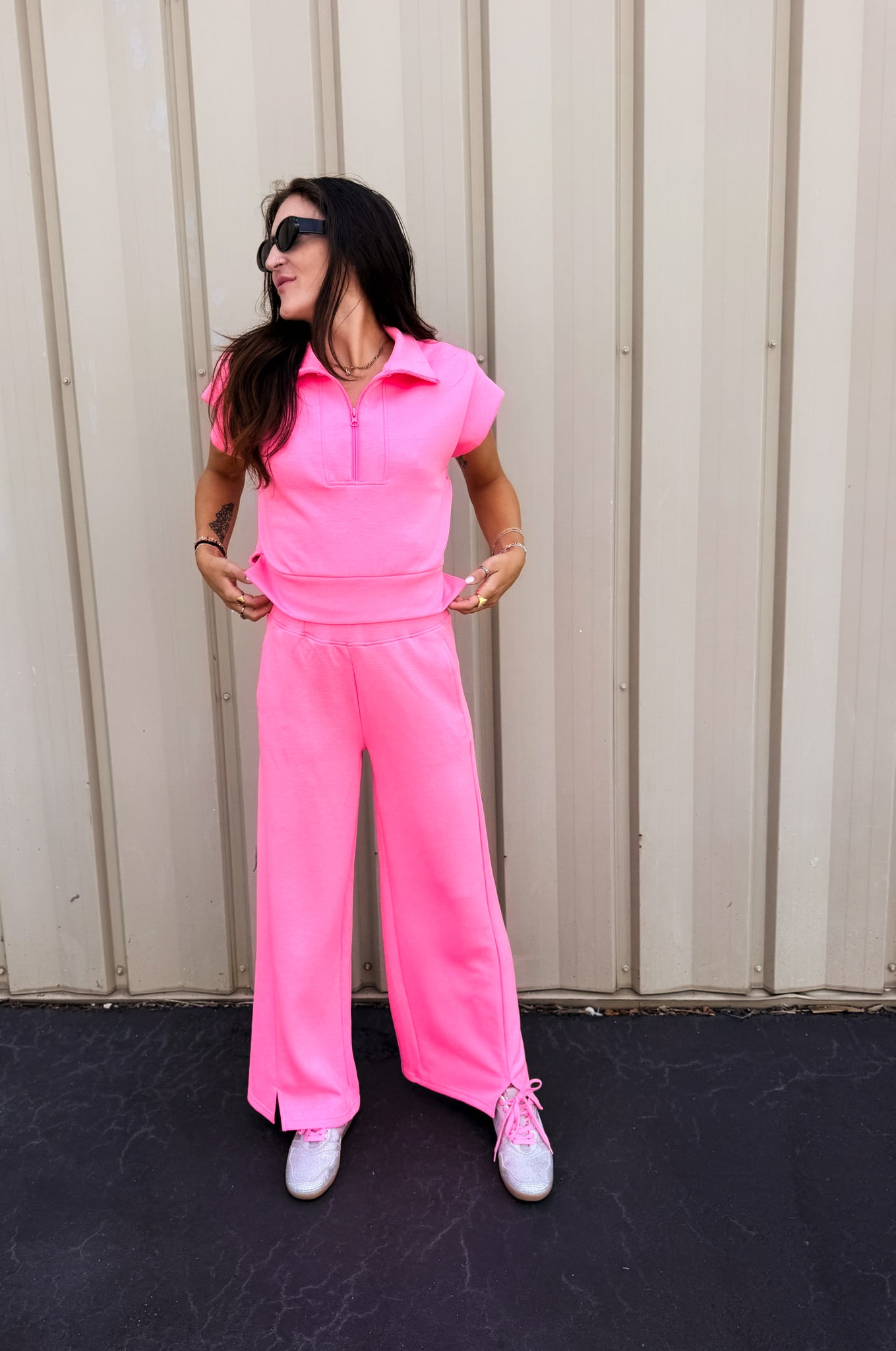 Neon Pink Cloud Fleece Short Sleeve Pullover