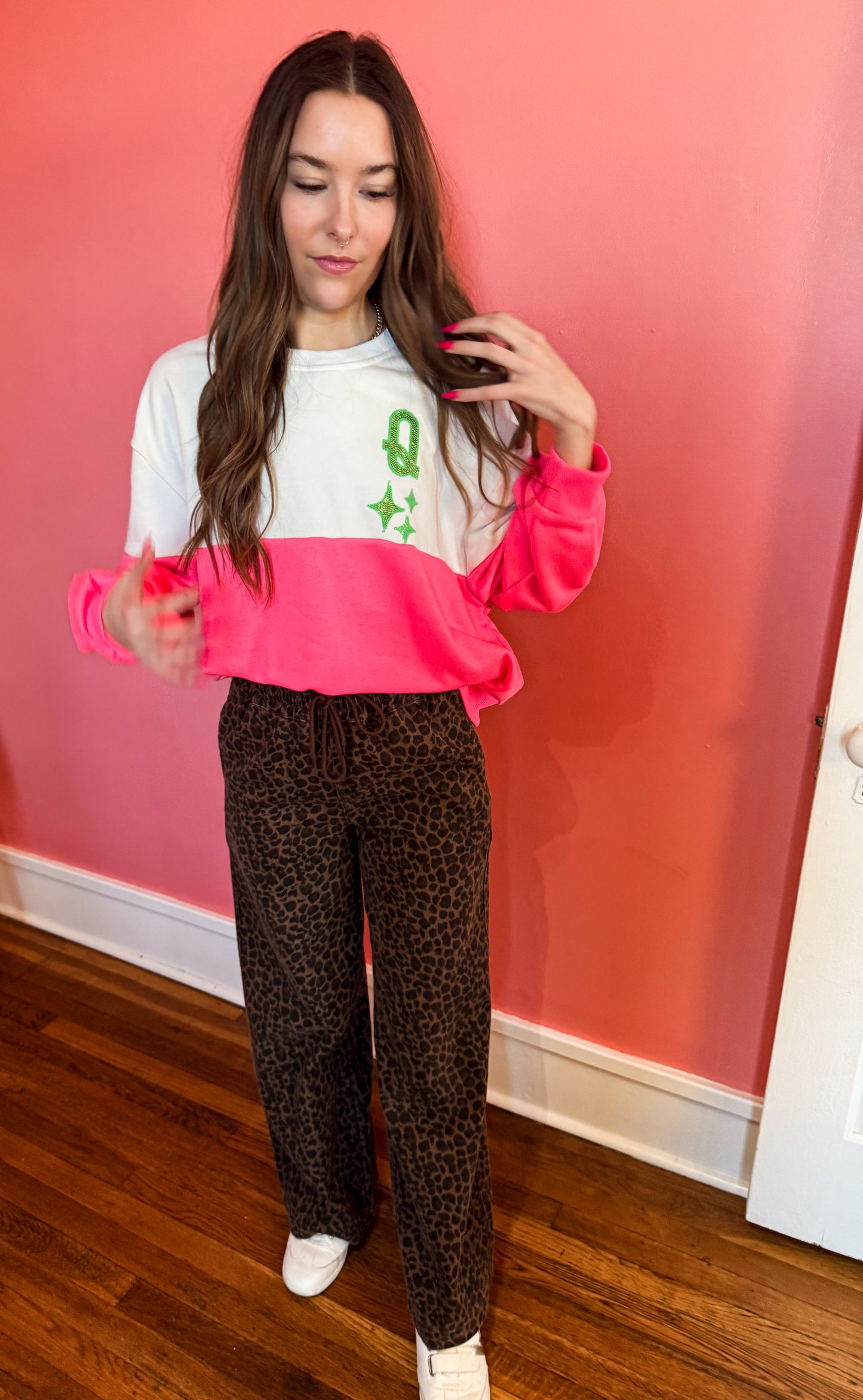 White & Neon Pink QOS Logo Sweatshirt