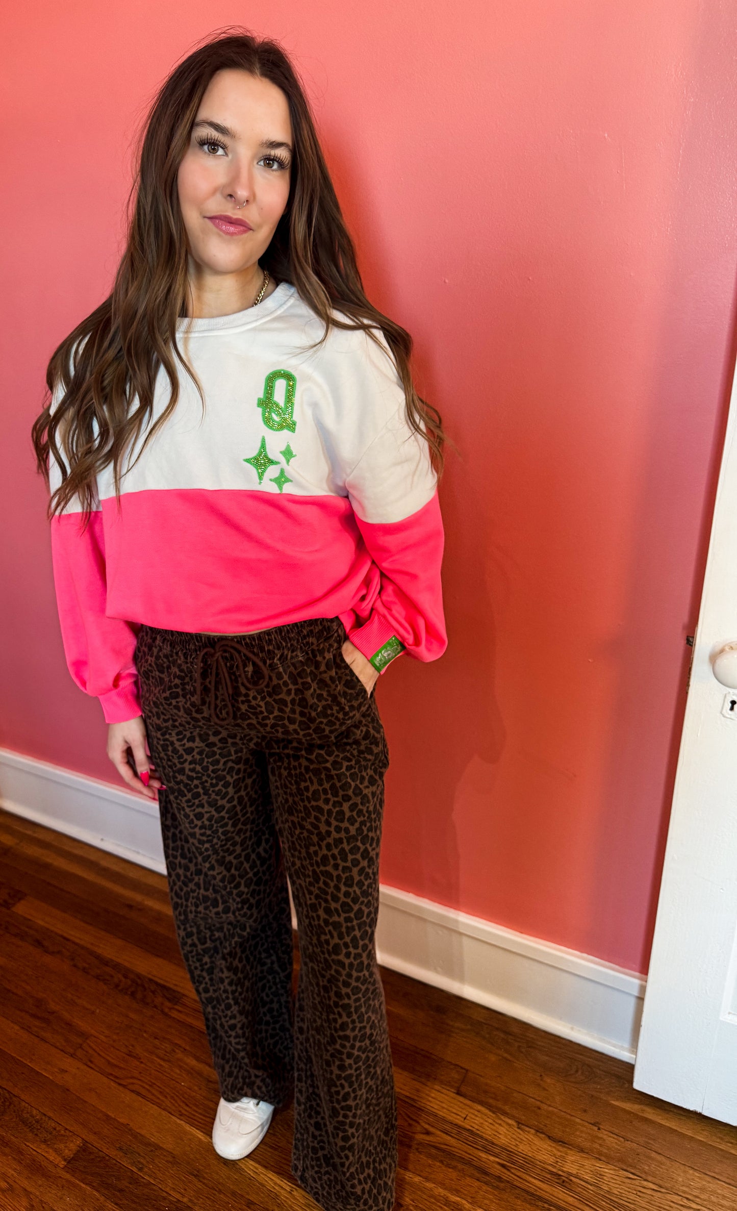 White & Neon Pink QOS Logo Sweatshirt