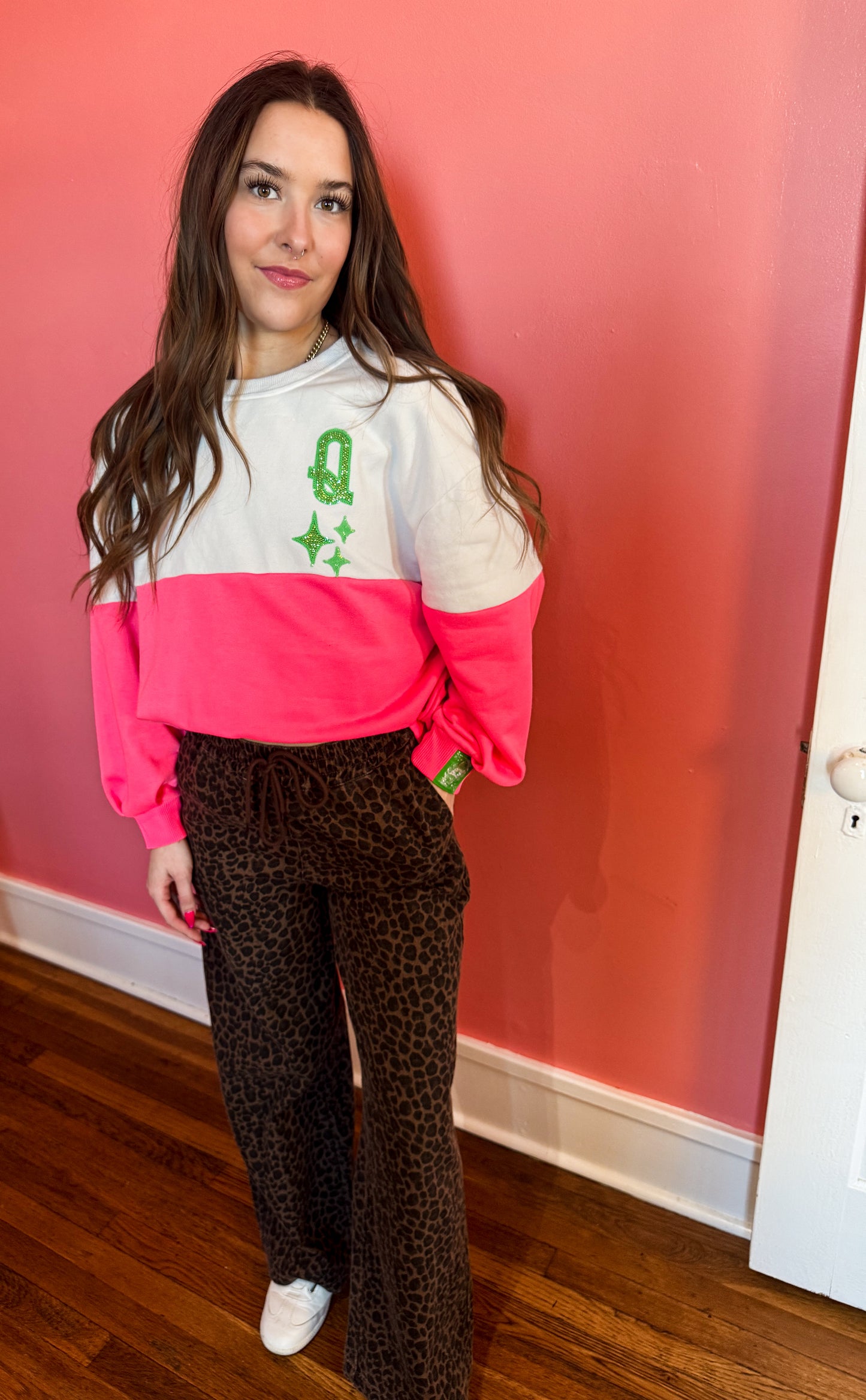 White & Neon Pink QOS Logo Sweatshirt