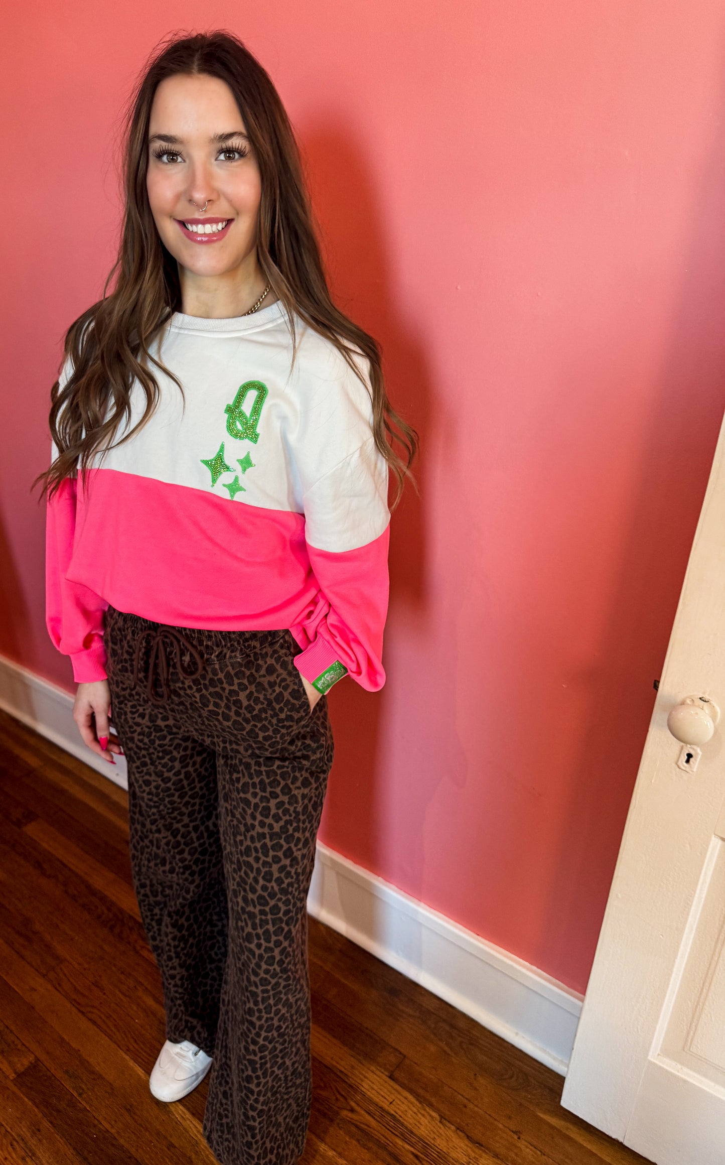 White & Neon Pink QOS Logo Sweatshirt