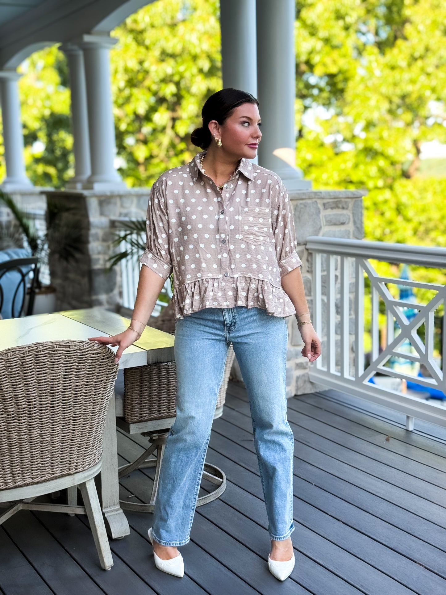 Timeless Charm Polka Dot Blouse in Sand