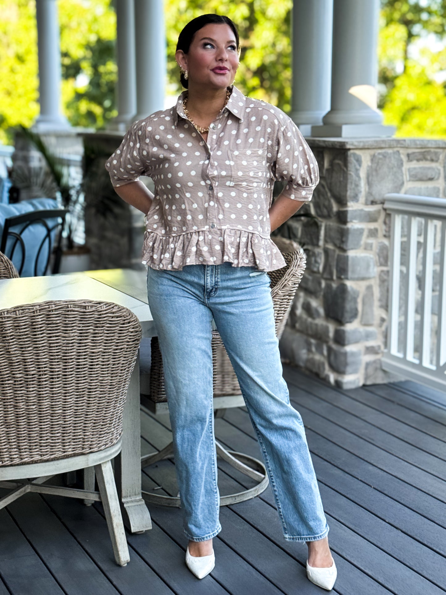 Timeless Charm Polka Dot Blouse in Sand