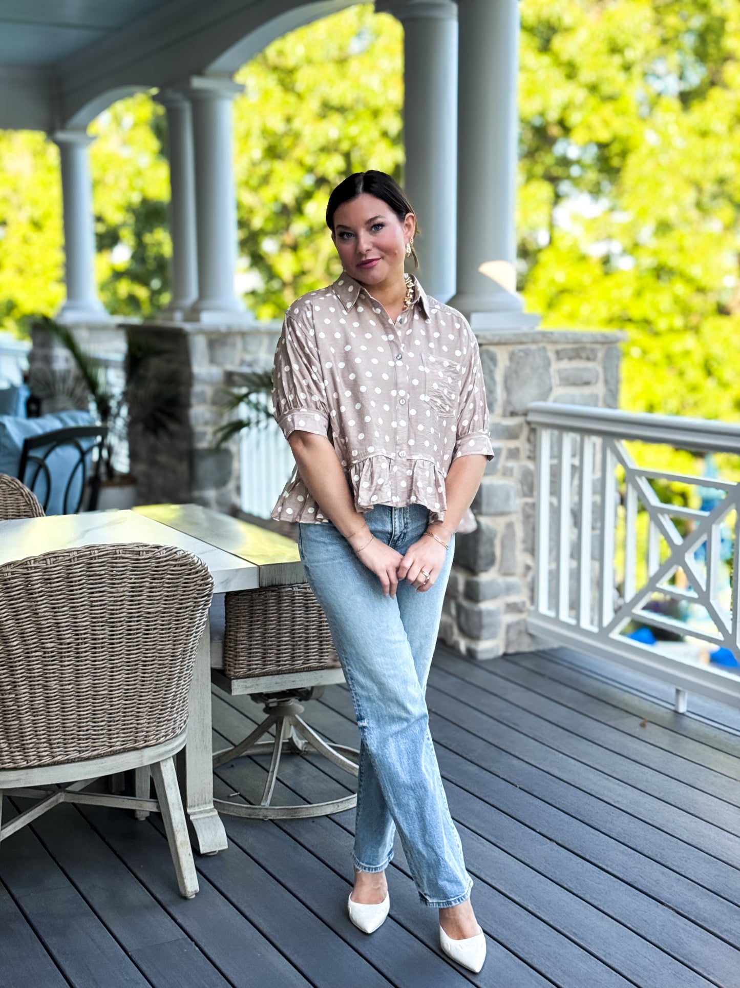 Timeless Charm Polka Dot Blouse in Sand