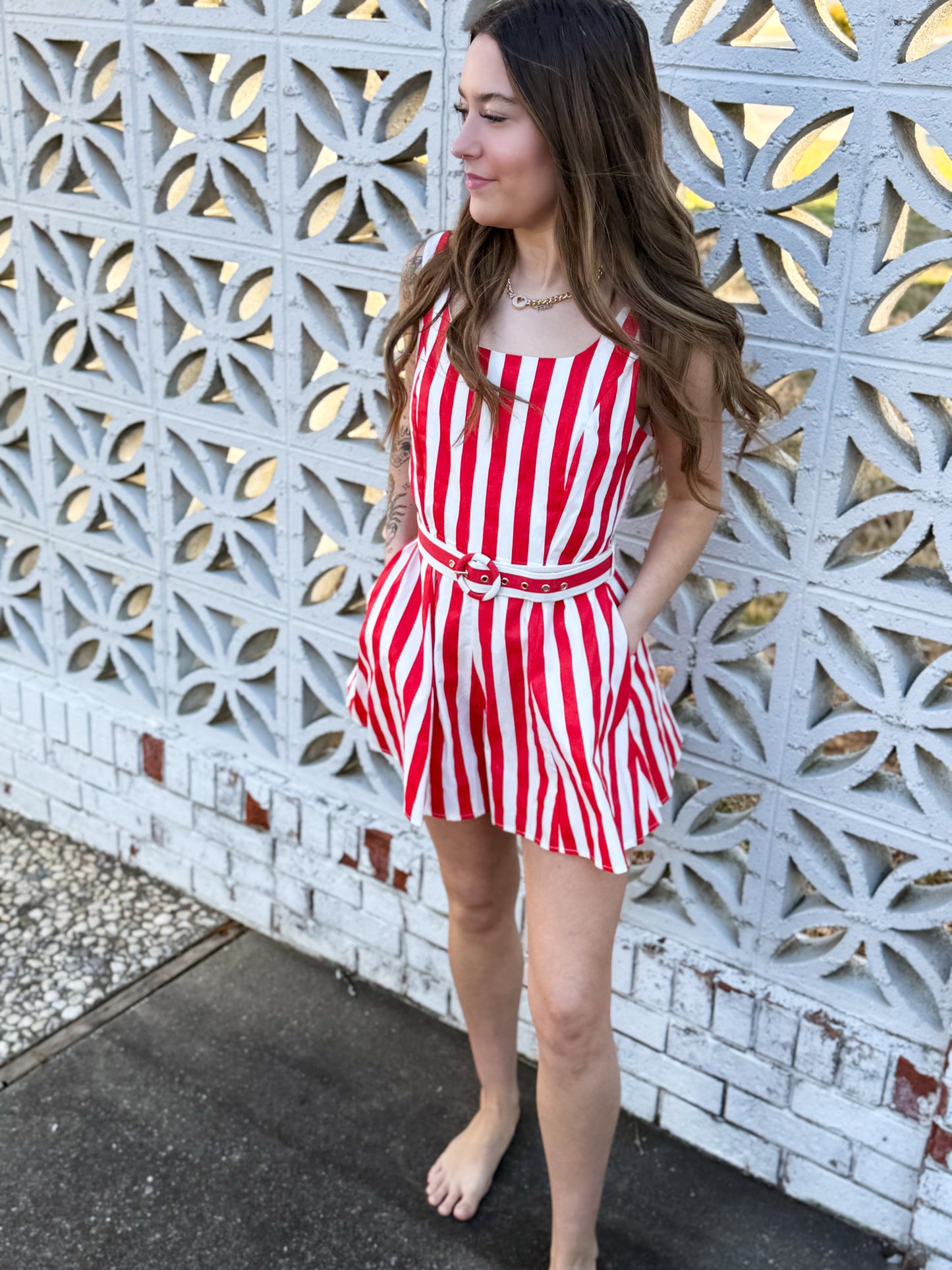 Cherry Red Stripe Alessandra Romper