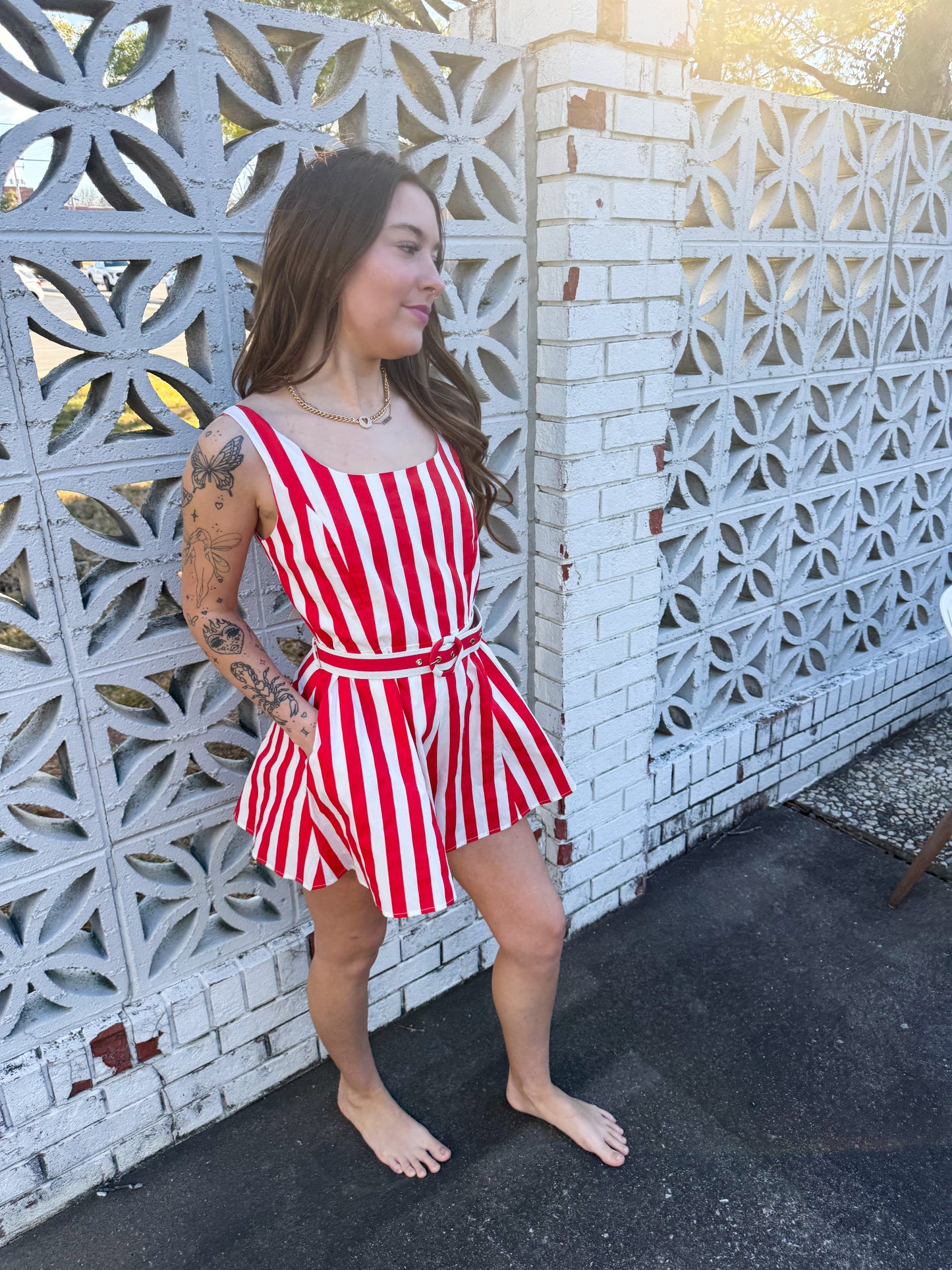 Cherry Red Stripe Alessandra Romper
