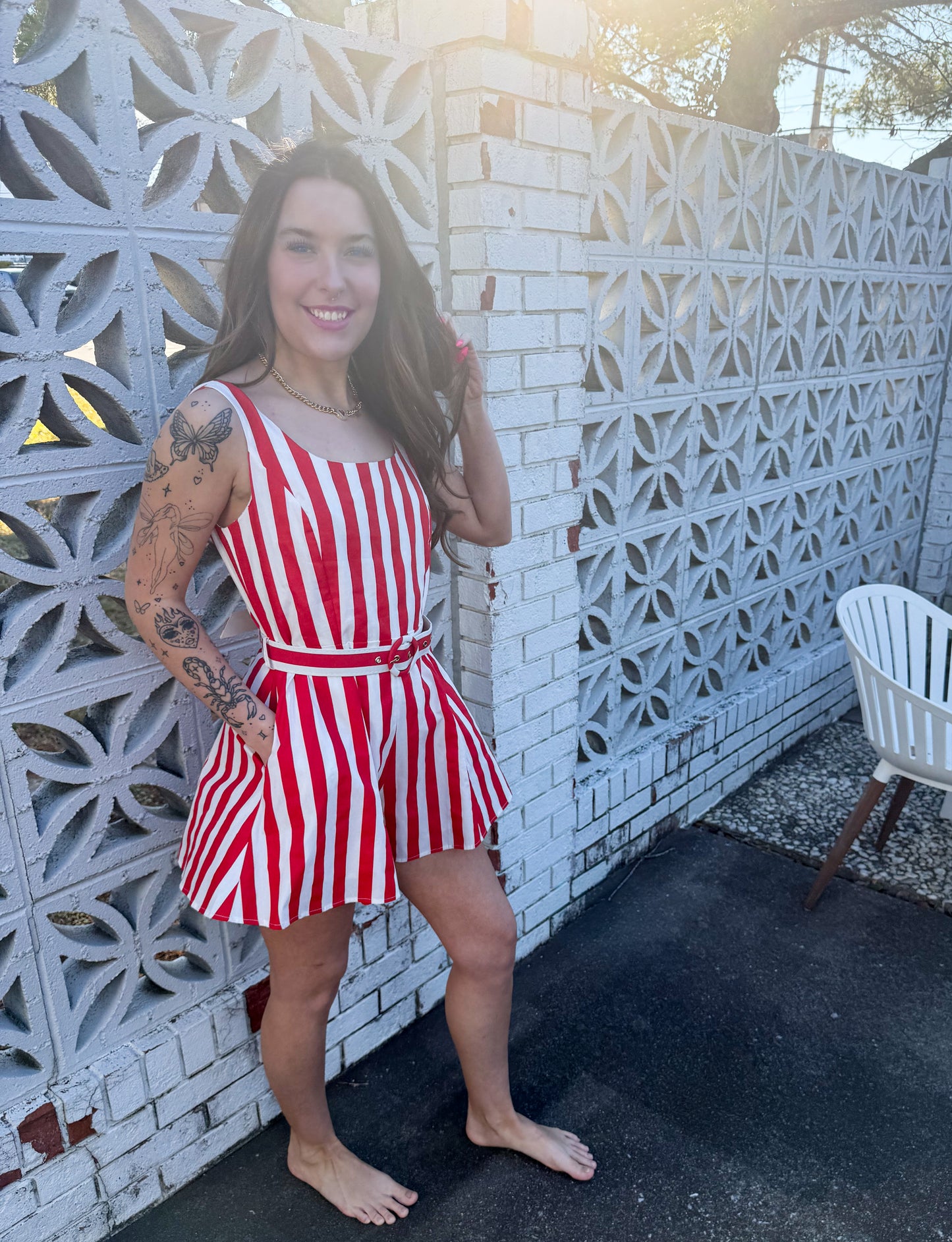 Cherry Red Stripe Alessandra Romper