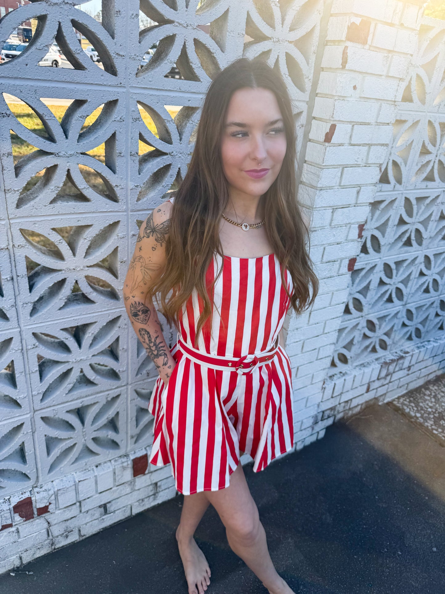 Cherry Red Stripe Alessandra Romper