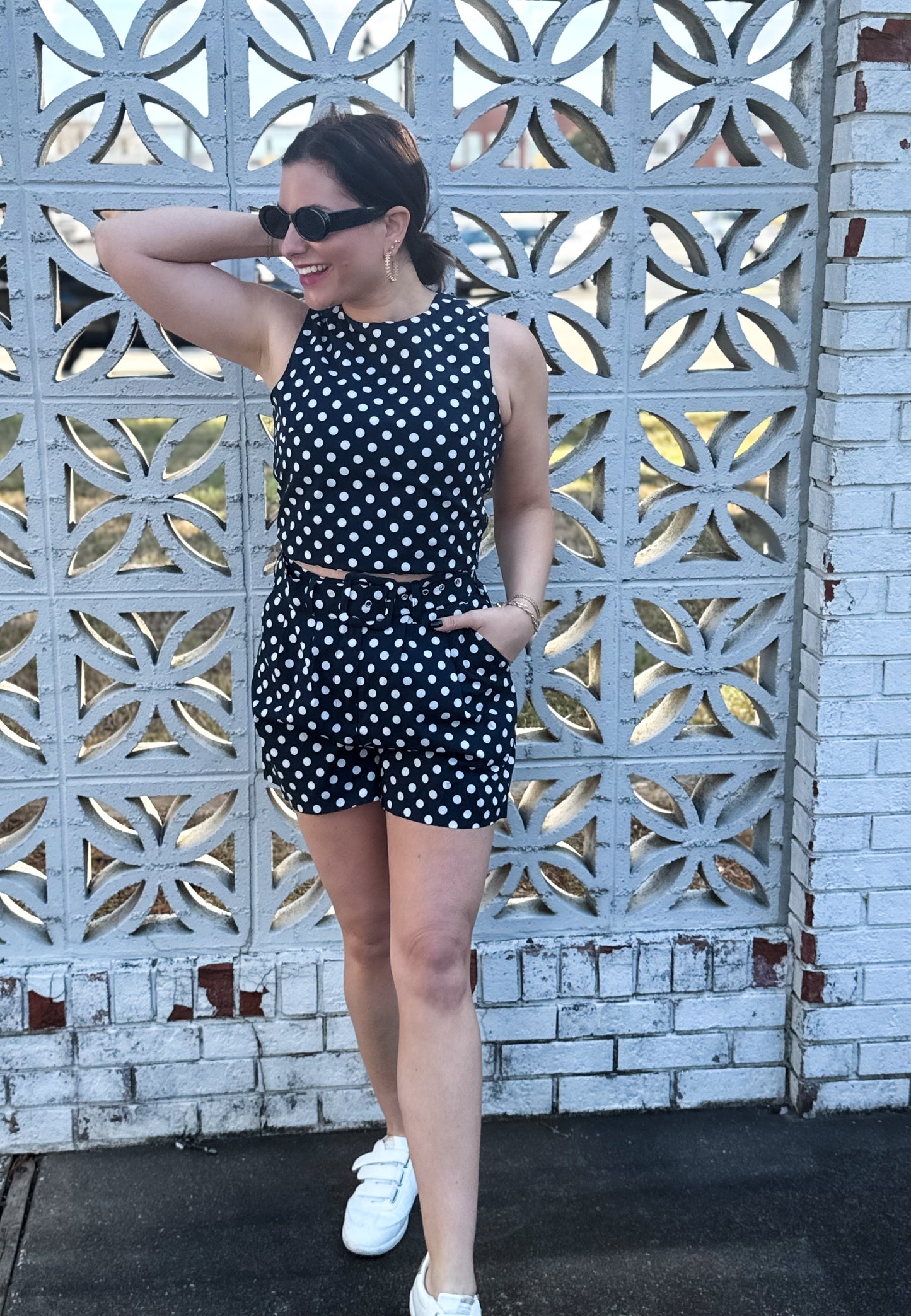 Colleen Navy Polka Dot Classic Belted Shorts