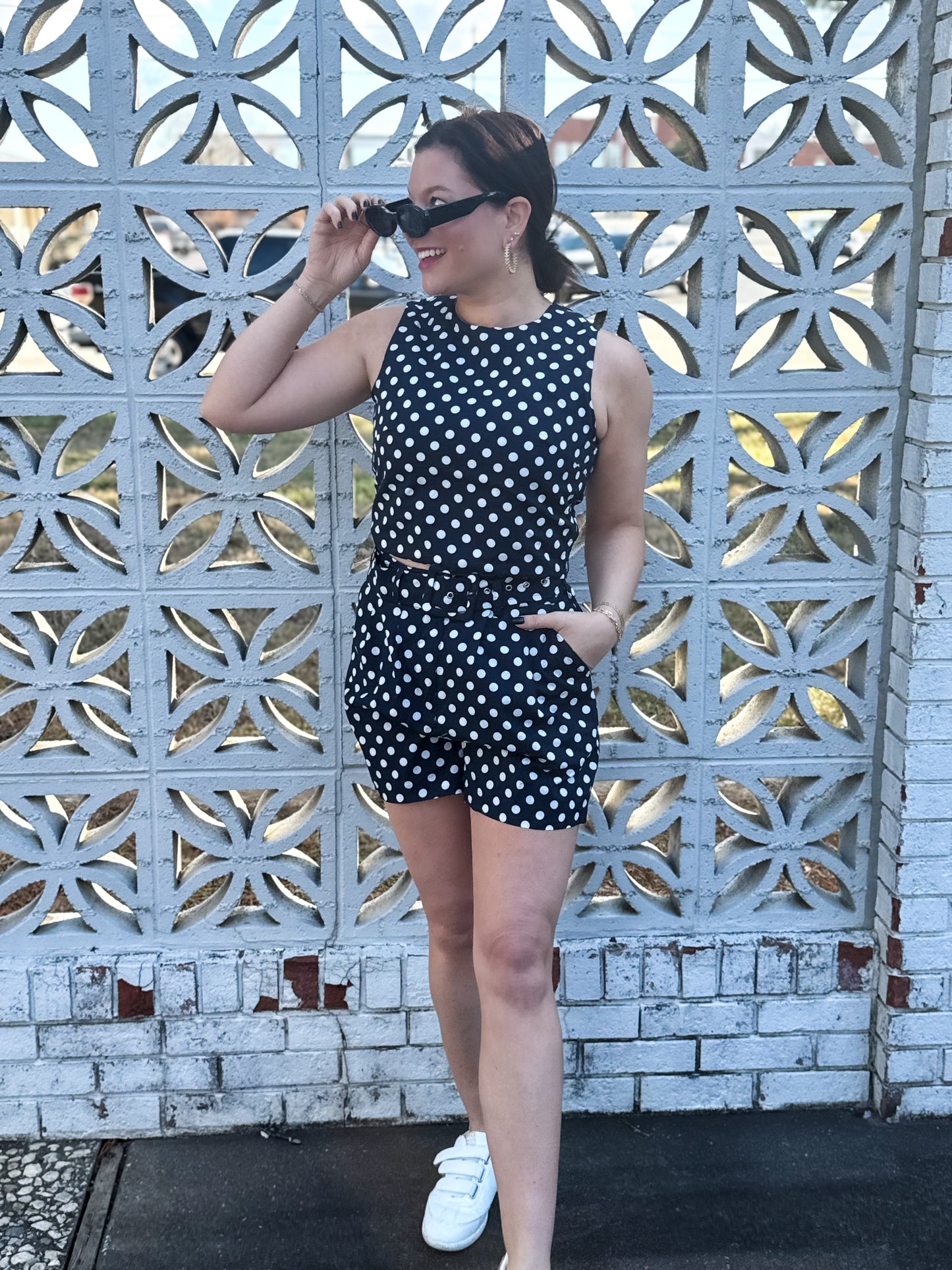 Colleen Navy Polka Dot Classic Belted Shorts