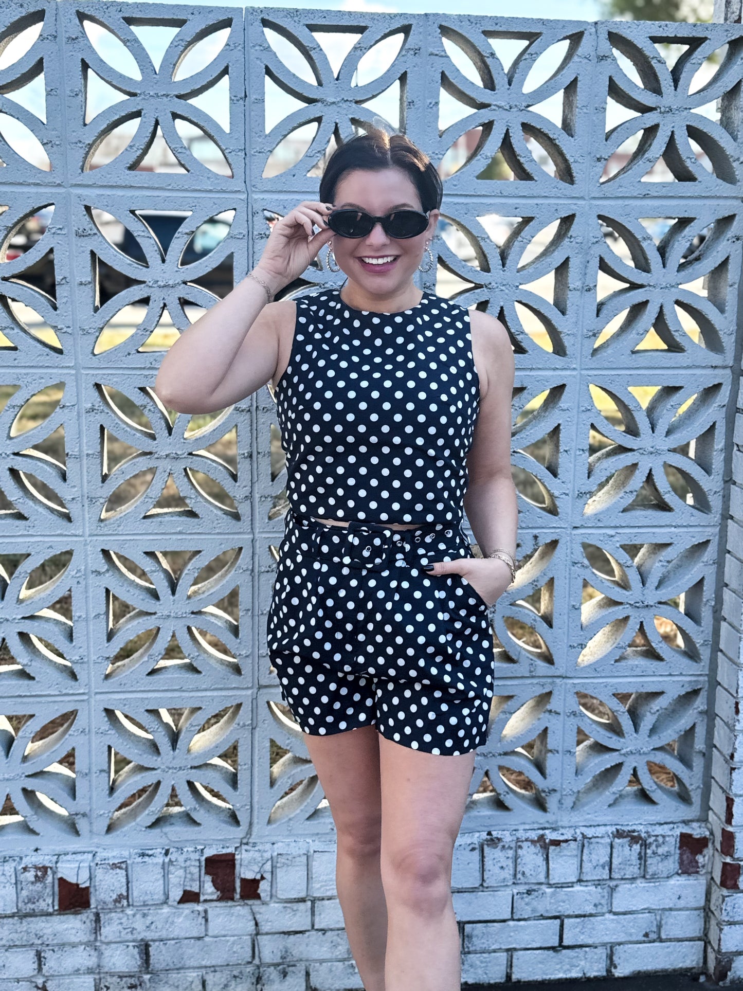 Colleen Navy Polka Dot Classic Belted Shorts