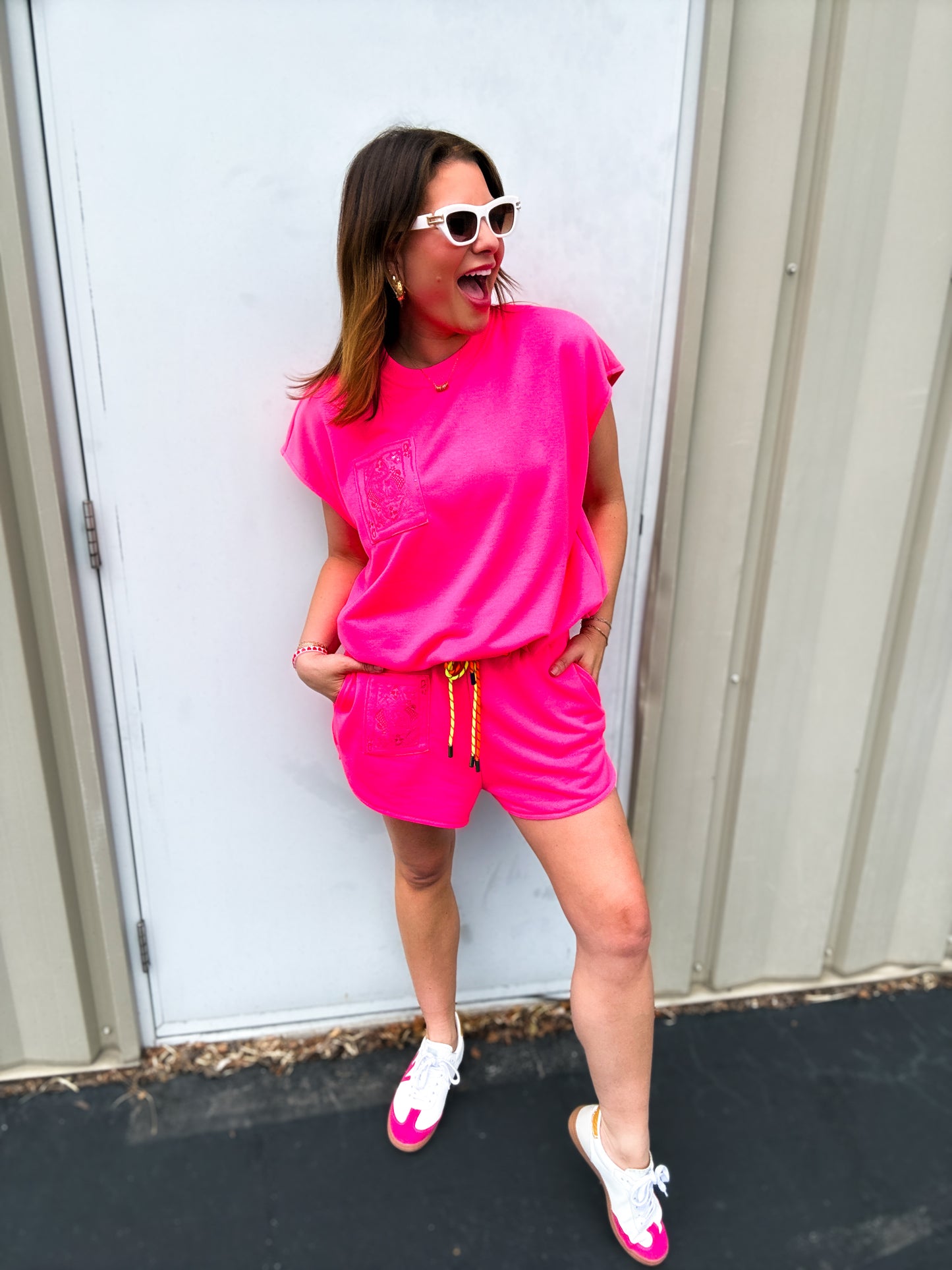 Neon Pink QOS Card Logo Drawstring Tank