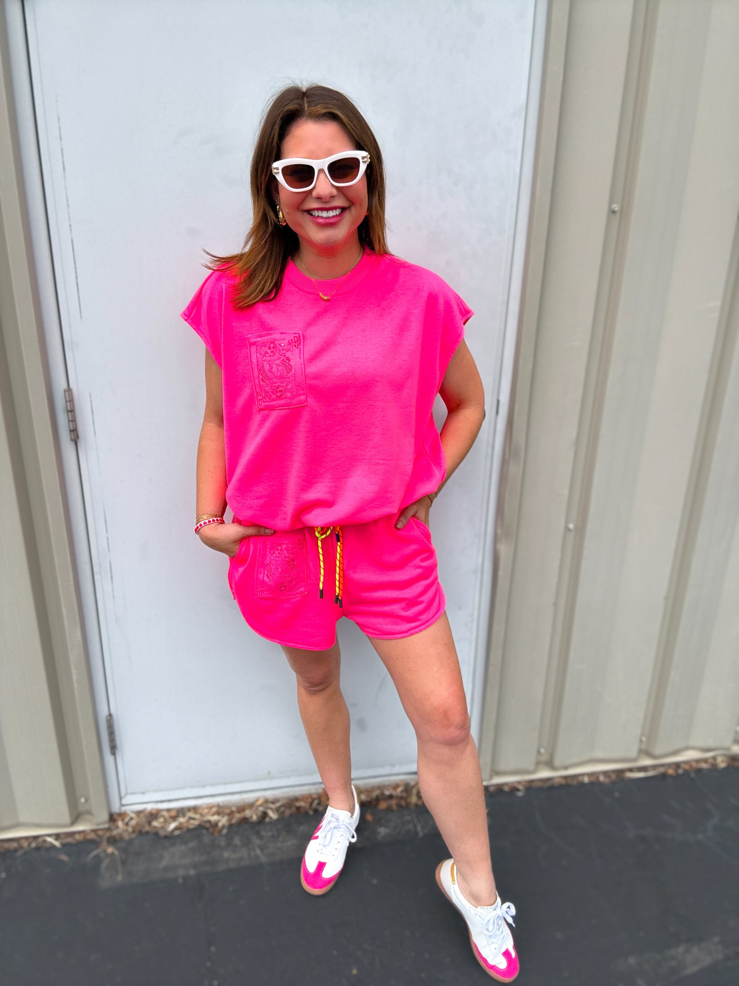 Neon Pink QOS Card Logo Drawstring Tank