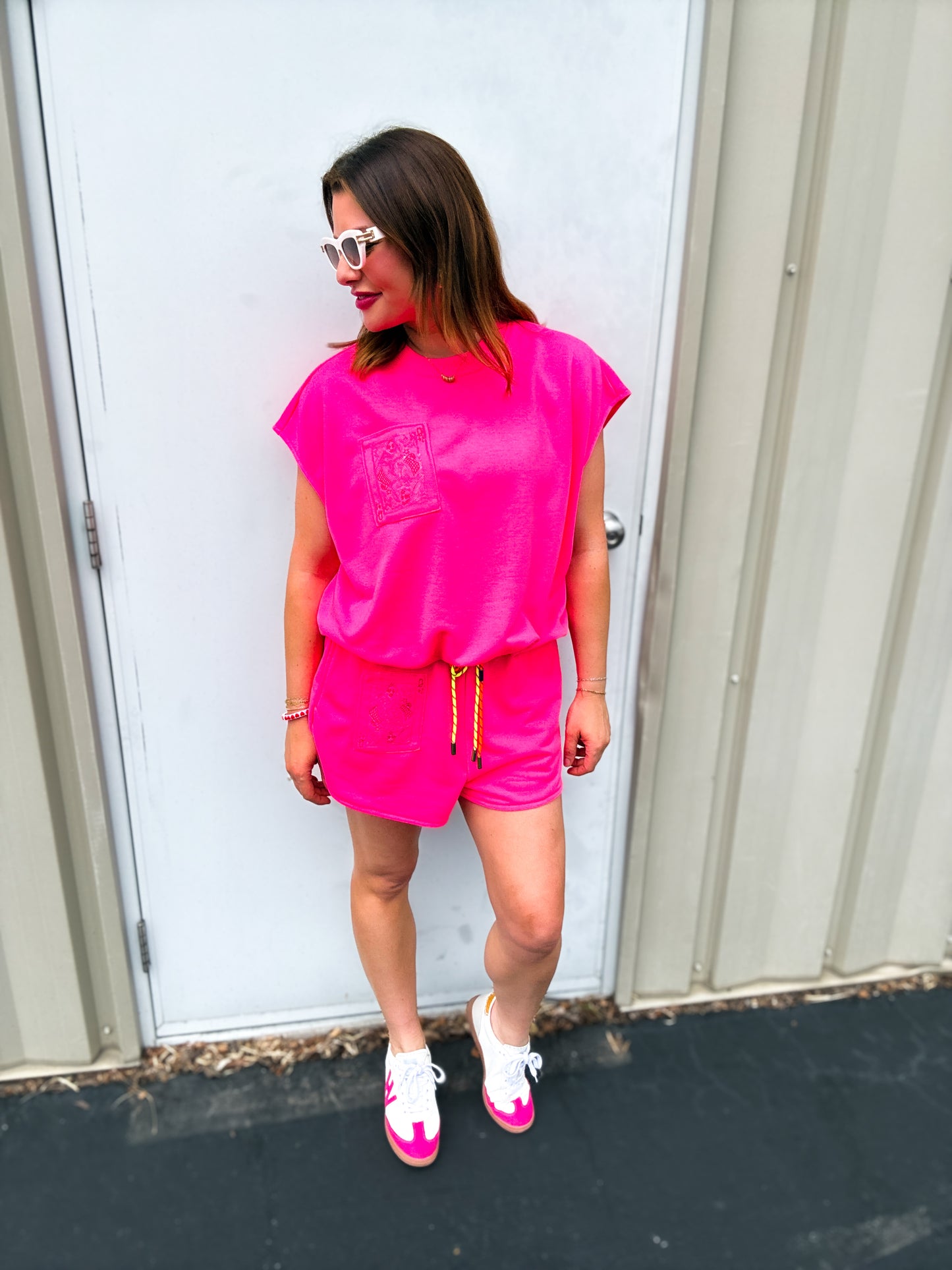 Neon Pink QOS Card Logo Drawstring Tank