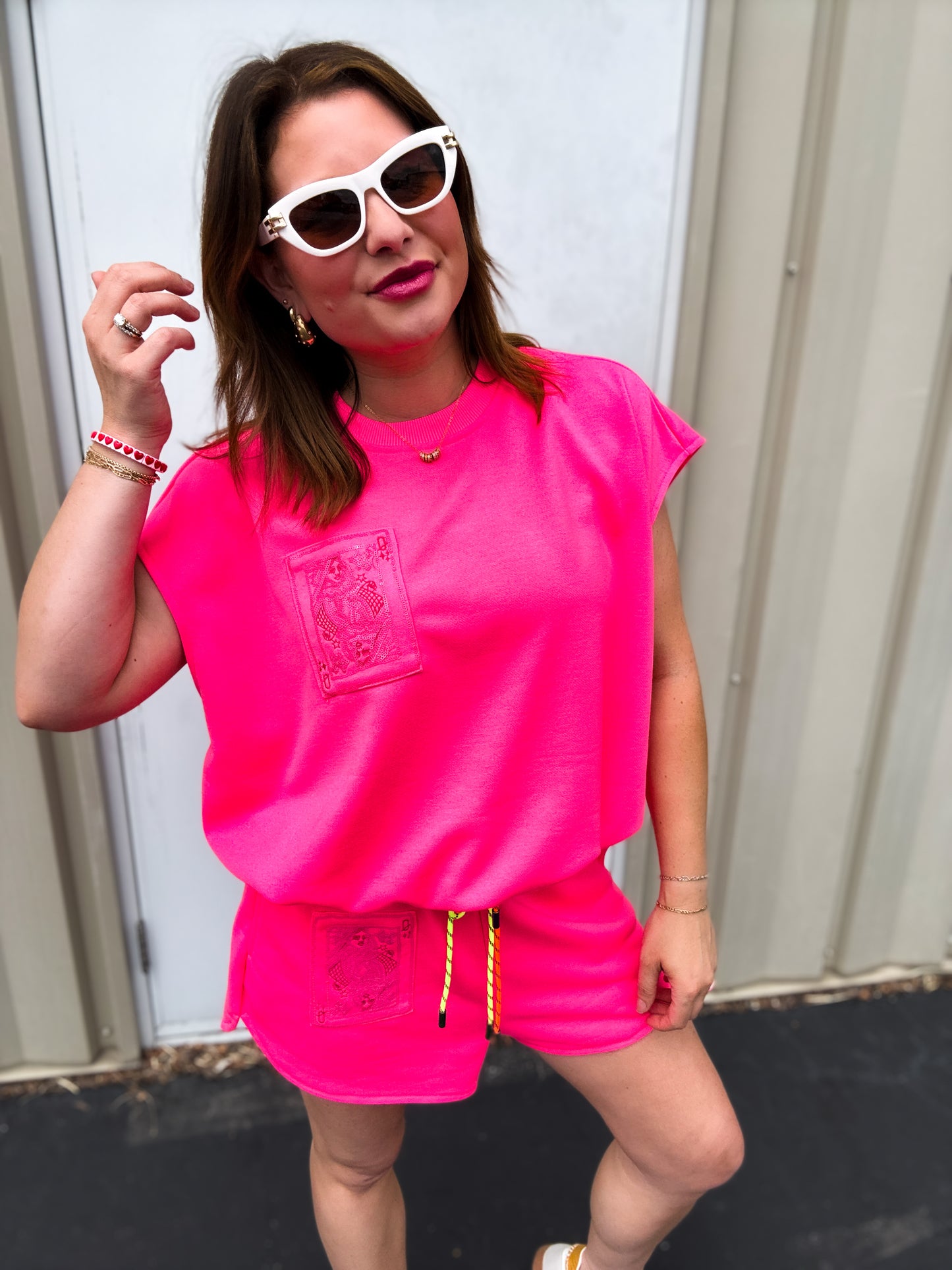 Neon Pink QOS Card Logo Drawstring Tank
