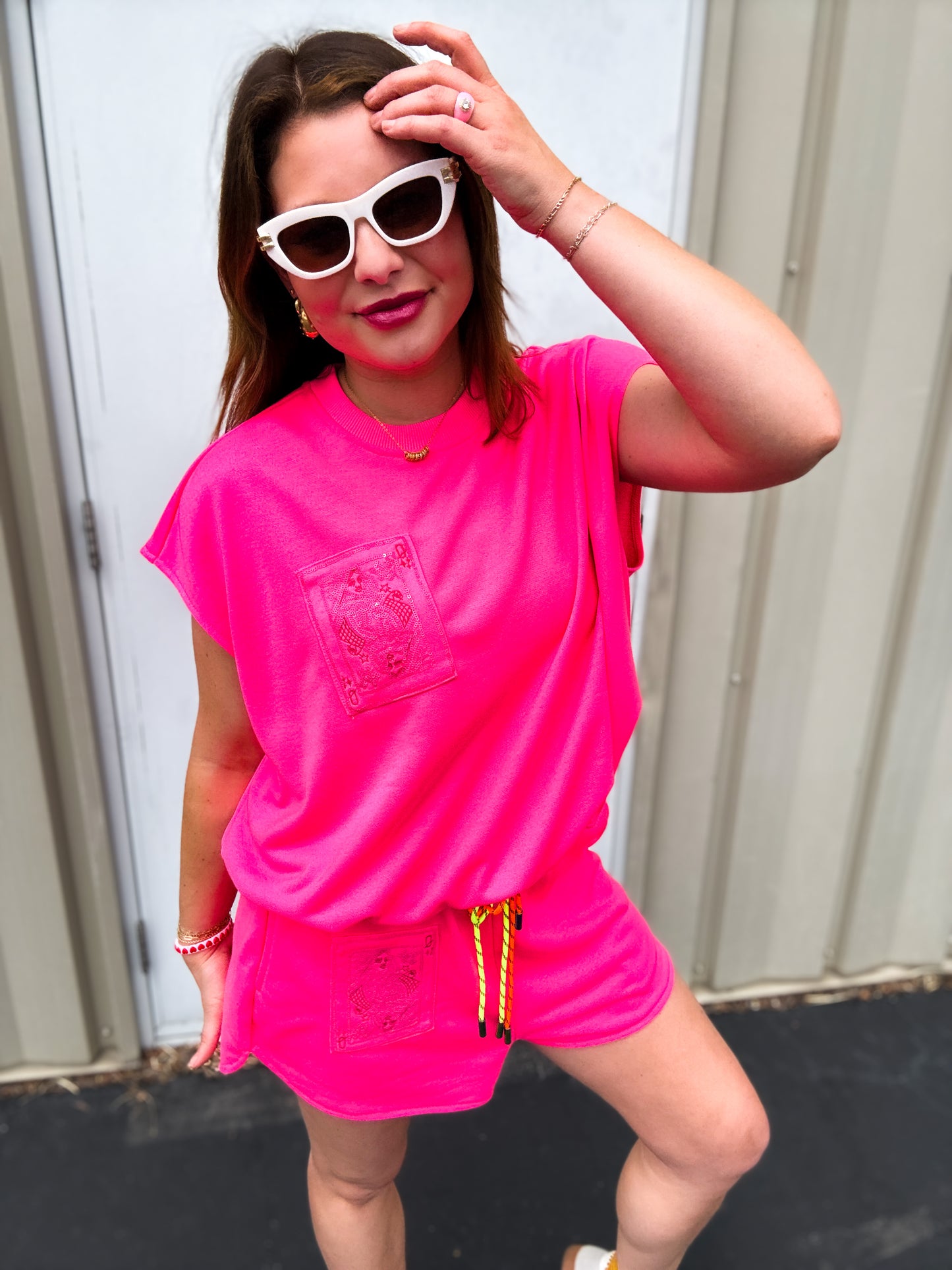 Neon Pink QOS Card Logo Drawstring Tank