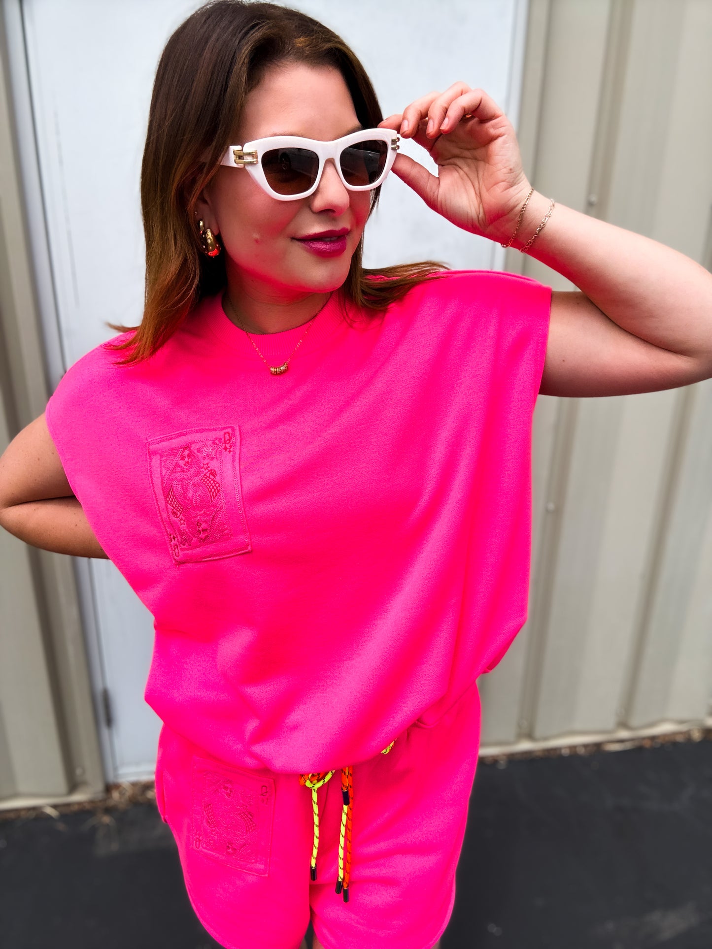 Neon Pink QOS Card Logo Drawstring Tank