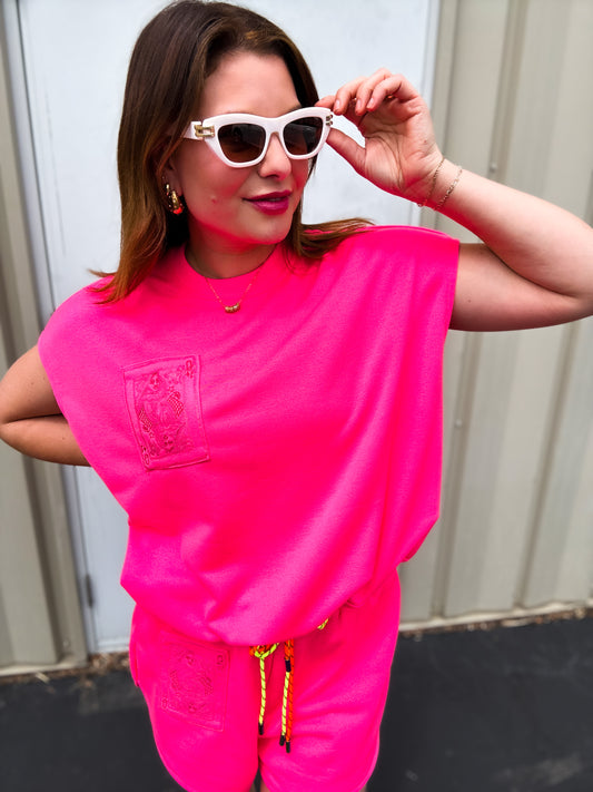 Neon Pink QOS Card Logo Drawstring Tank