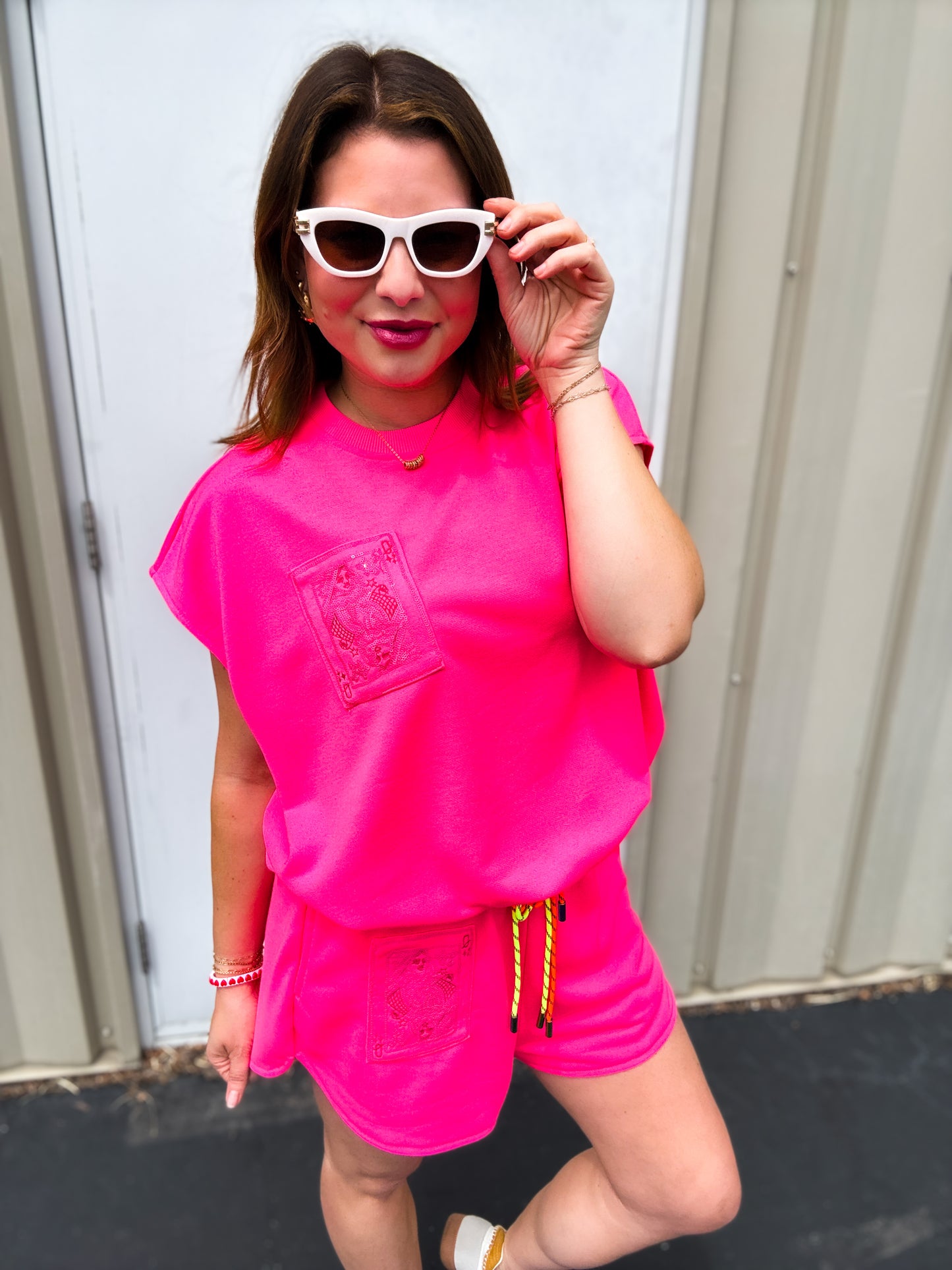 Neon Pink QOS Card Logo Drawstring Tank