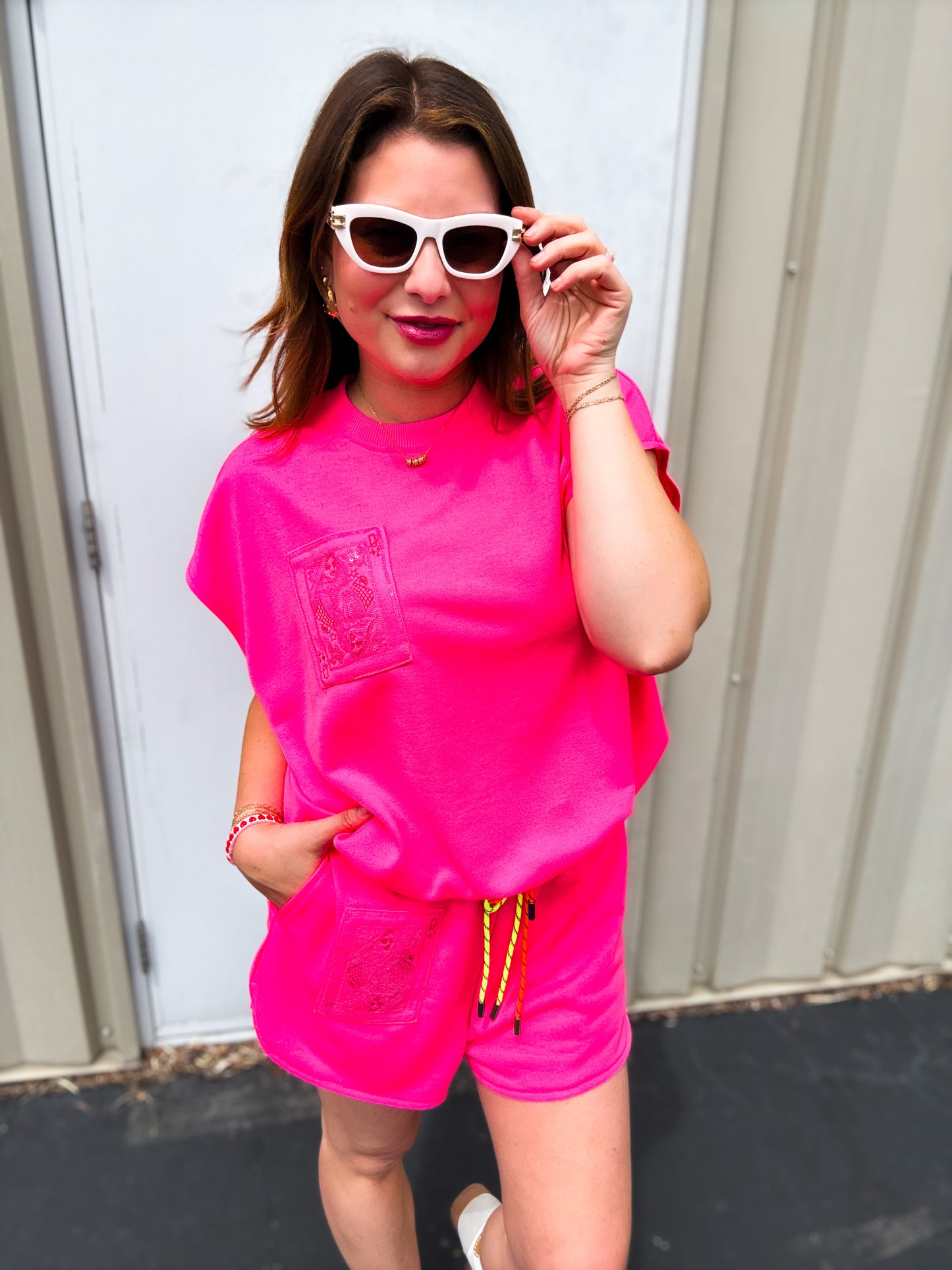 Neon Pink QOS Card Logo Drawstring Tank