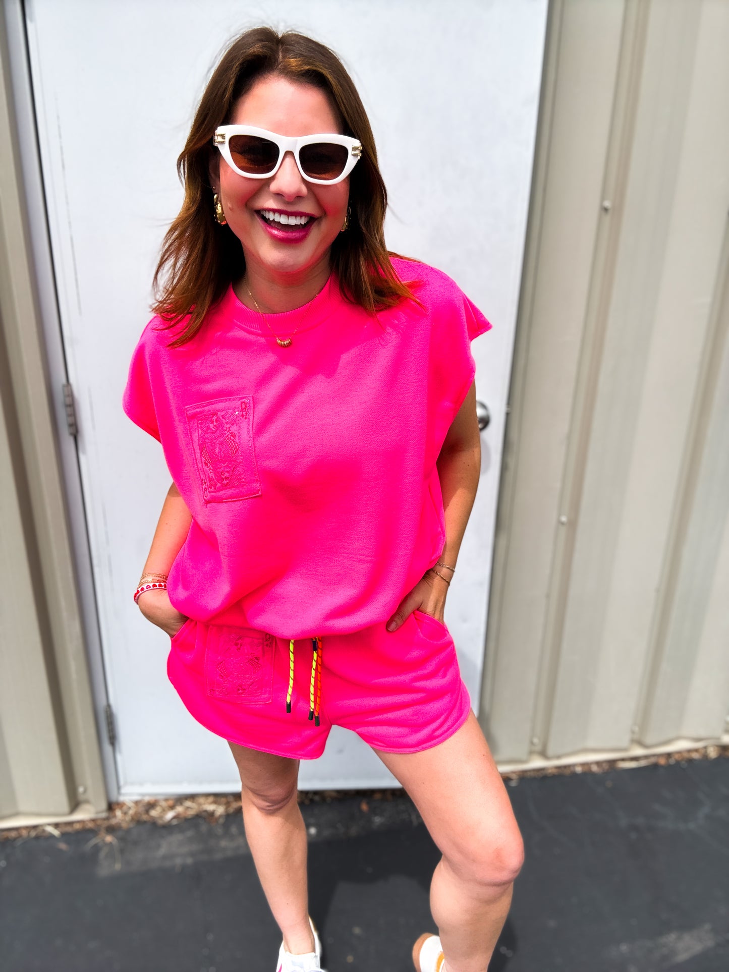 Neon Pink QOS Card Logo Drawstring Tank