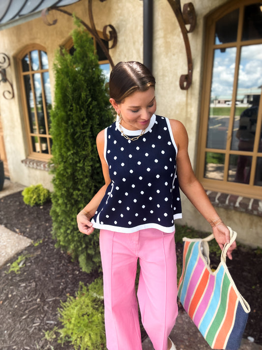 Madelynn Navy Polka Dot Knit Tank