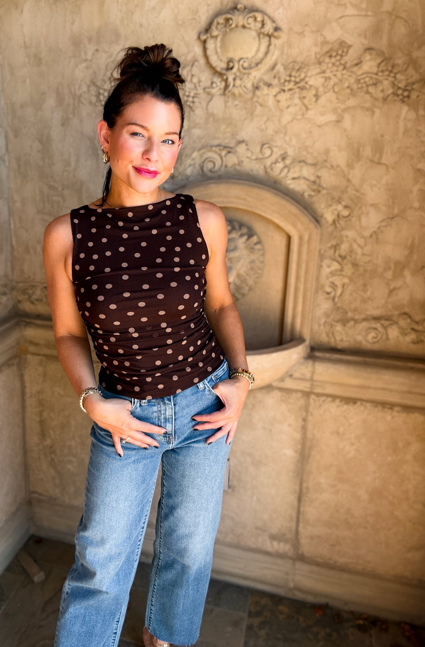 Brown Polka Dot Mesh Knit Tank