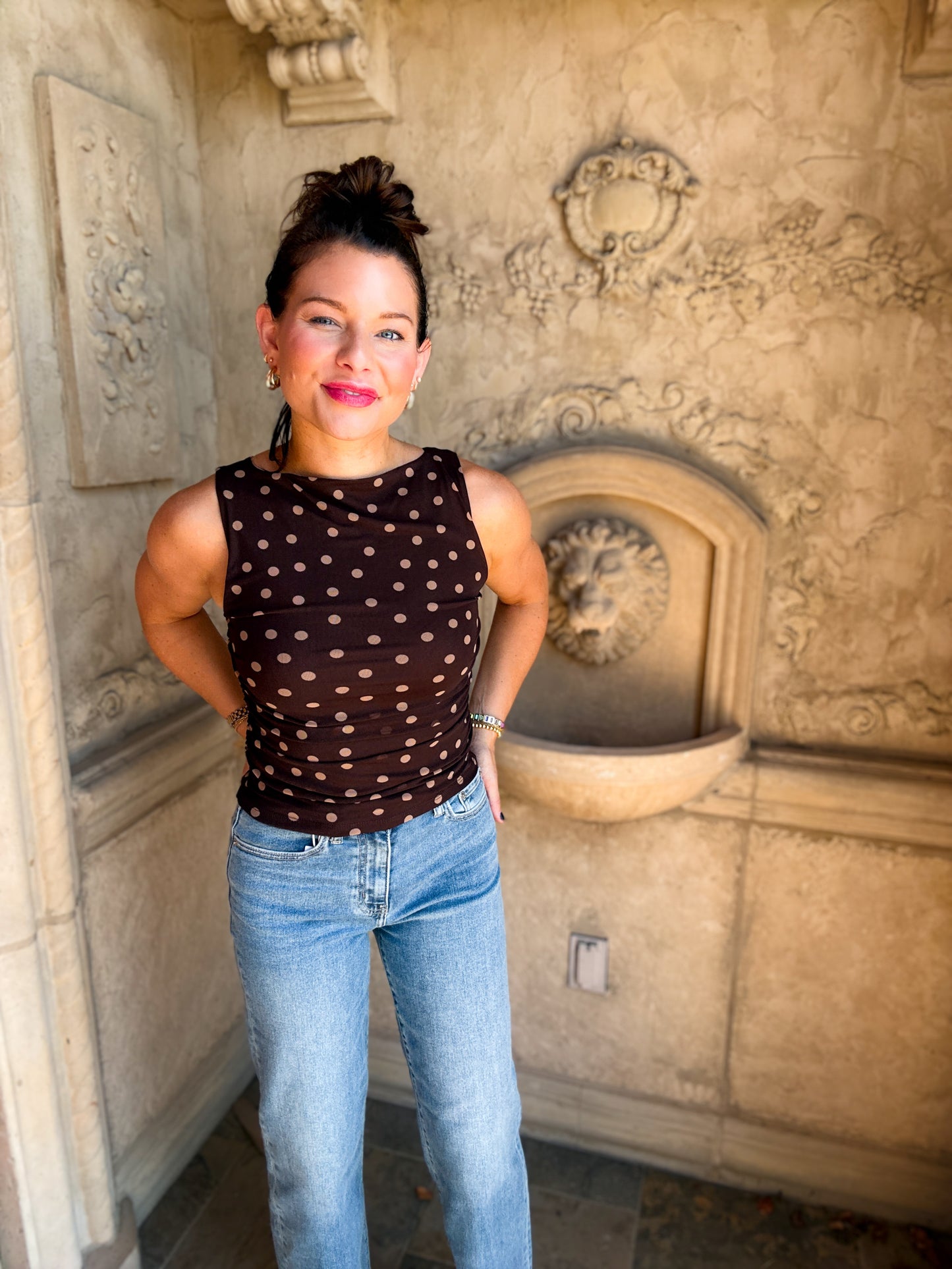 Brown Polka Dot Mesh Knit Tank