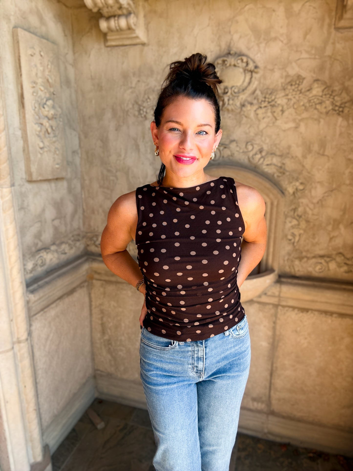 Brown Polka Dot Mesh Knit Tank