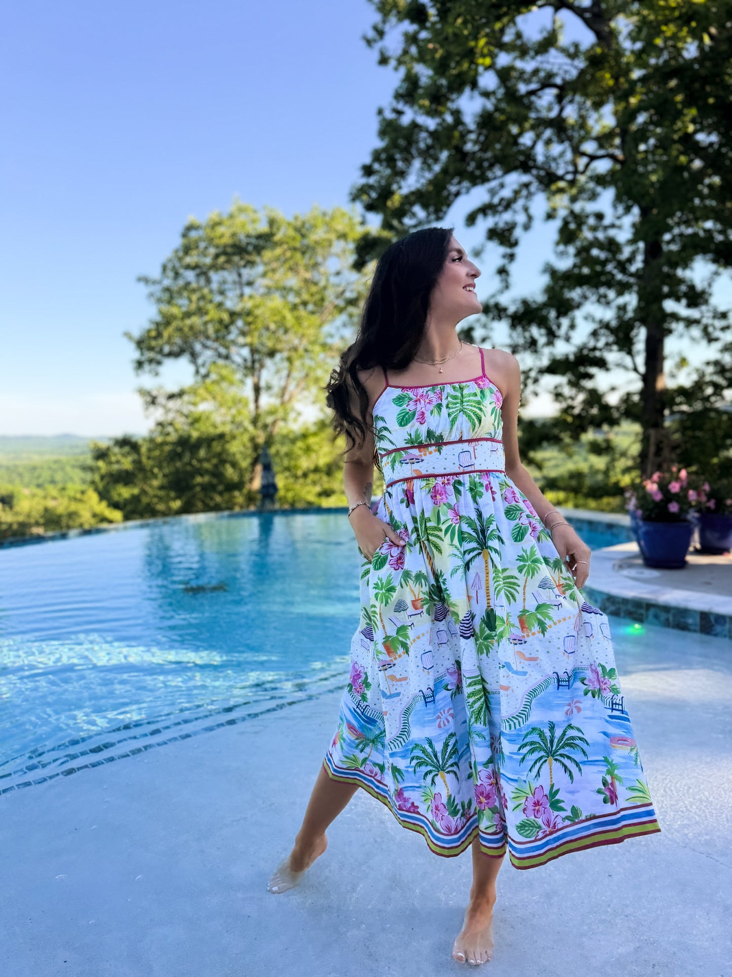 Paradisa Catalina Pink Muti Cotton Linen Poolside Print Midi Dress