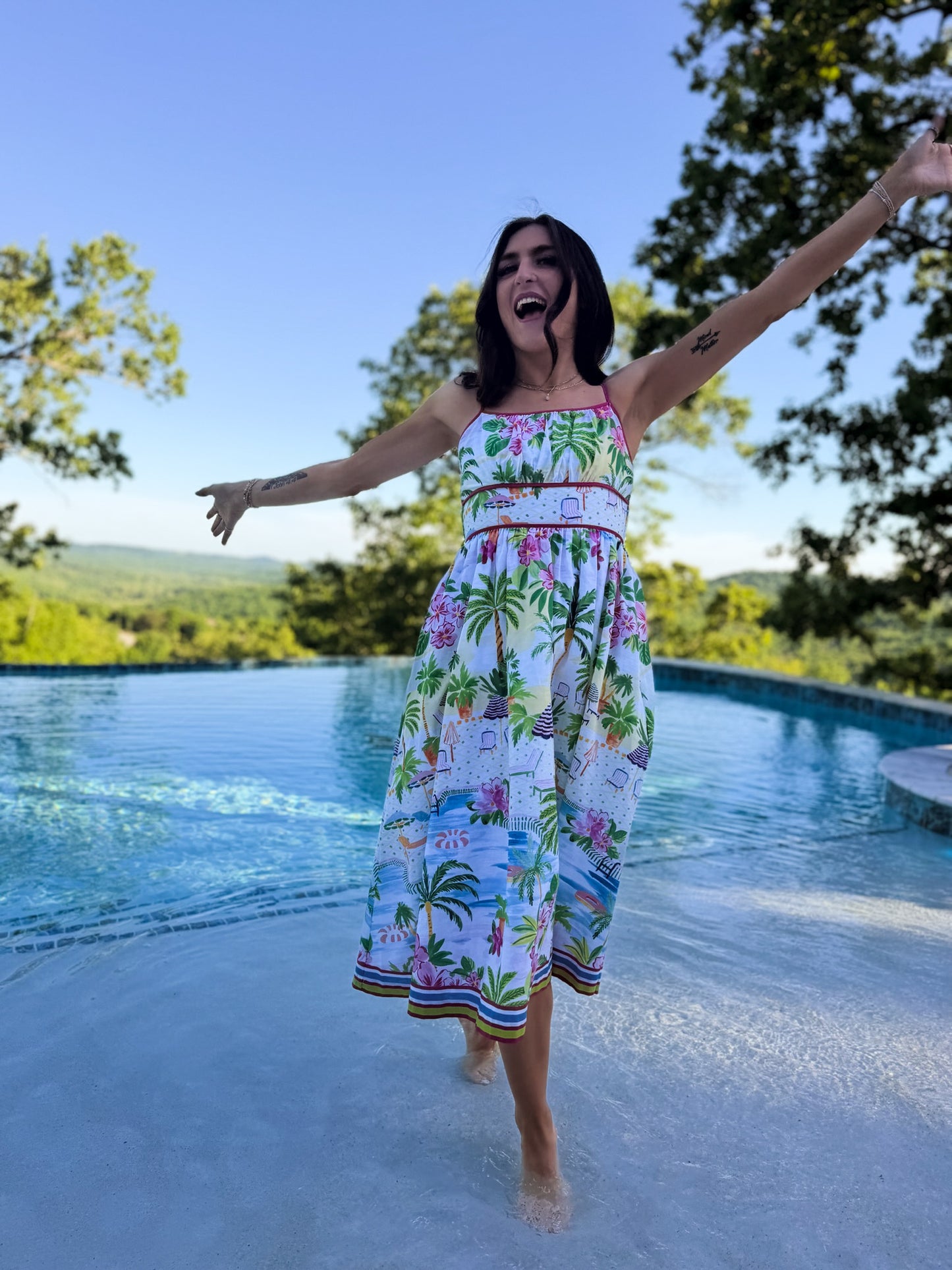 Paradisa Catalina Pink Muti Cotton Linen Poolside Print Midi Dress