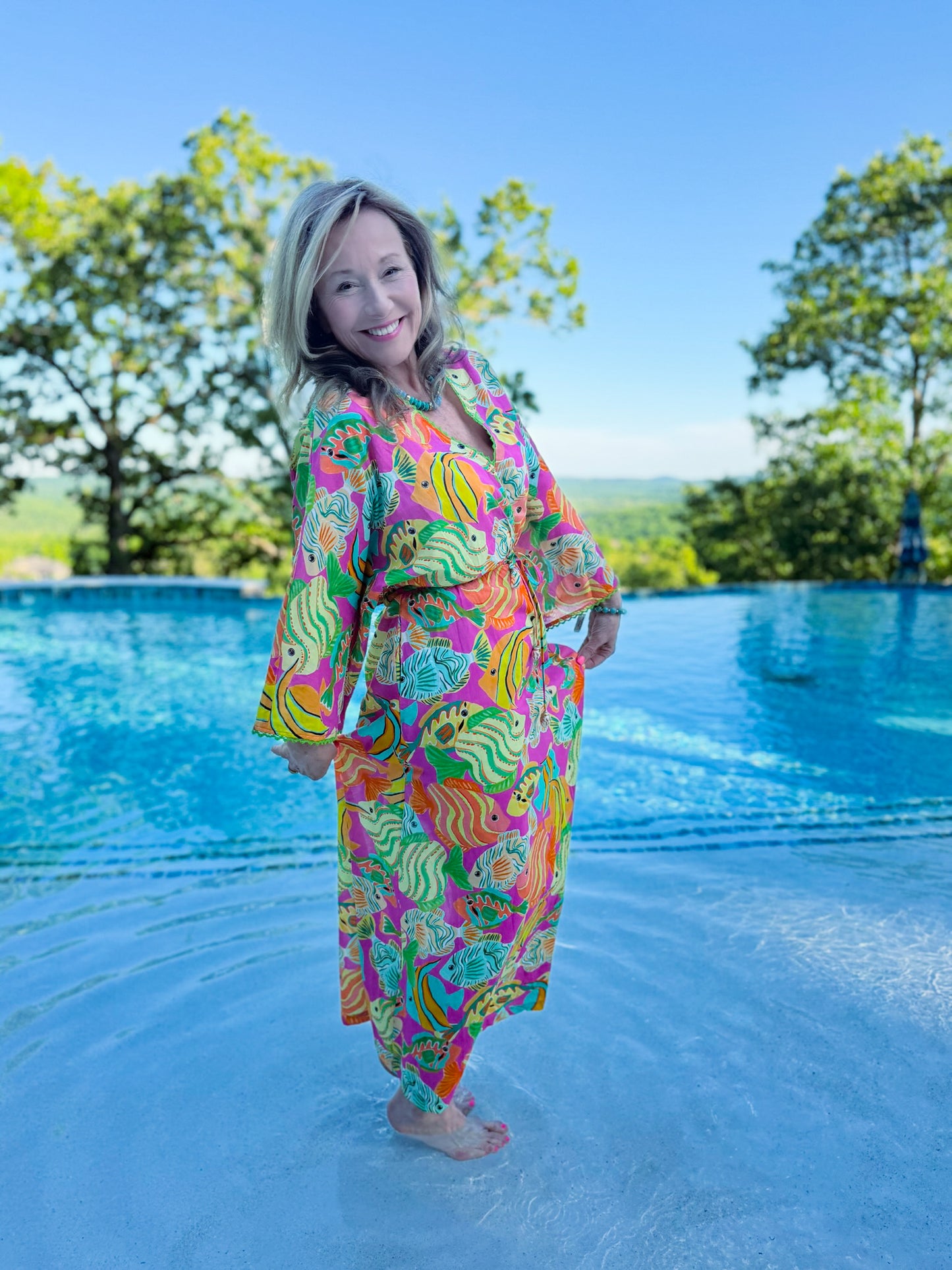 Paradisa Cabana Pink Multi Cotton Fish Print Caftan Dress