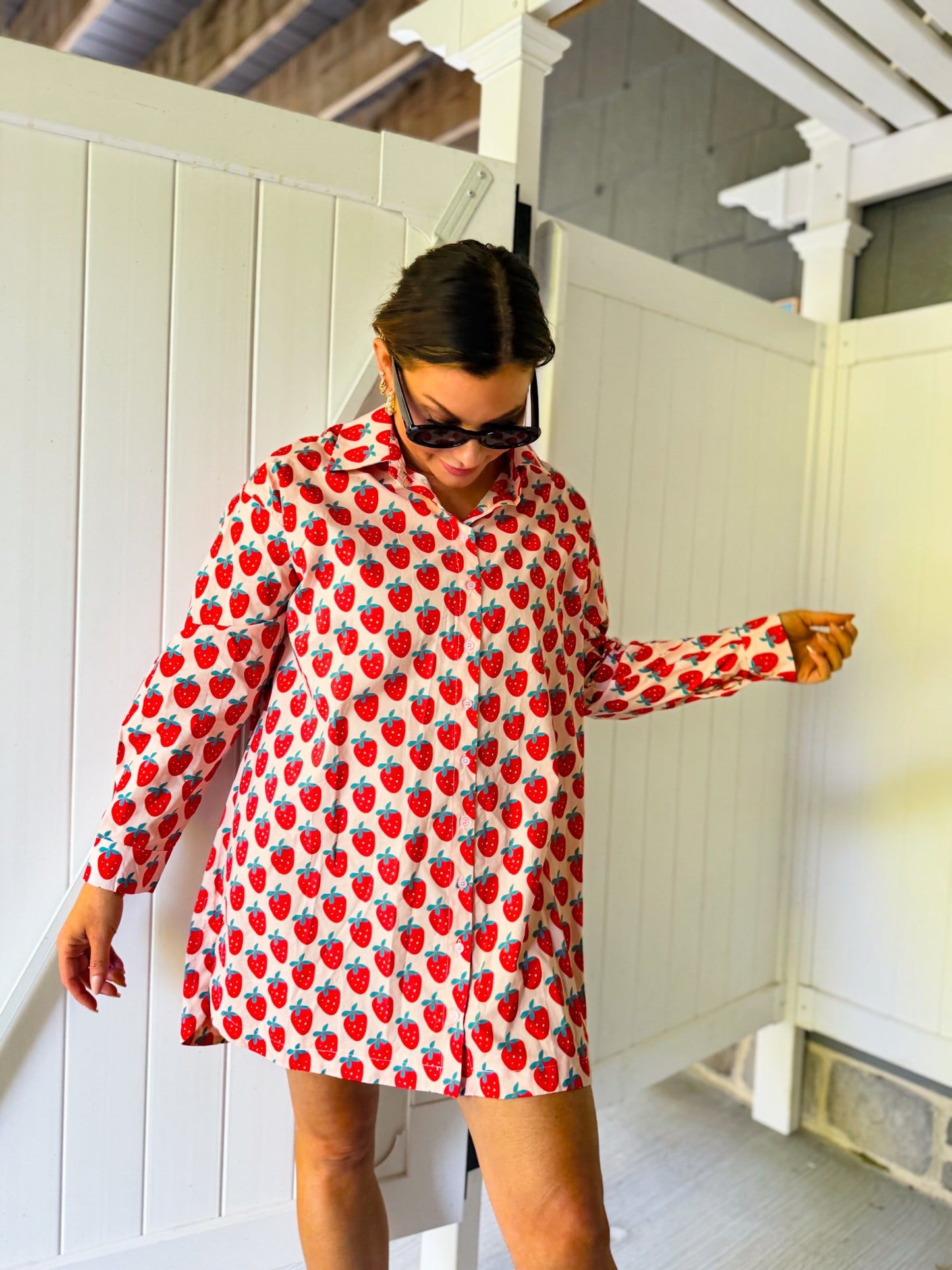 Strawberry Print Oversized Shirt Dress