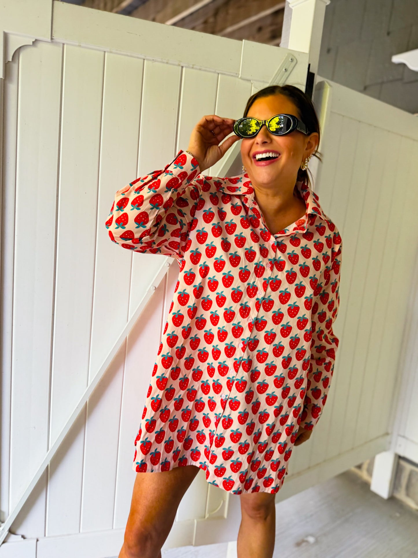Strawberry Print Oversized Shirt Dress