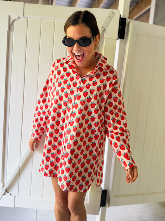Strawberry Print Oversized Shirt Dress