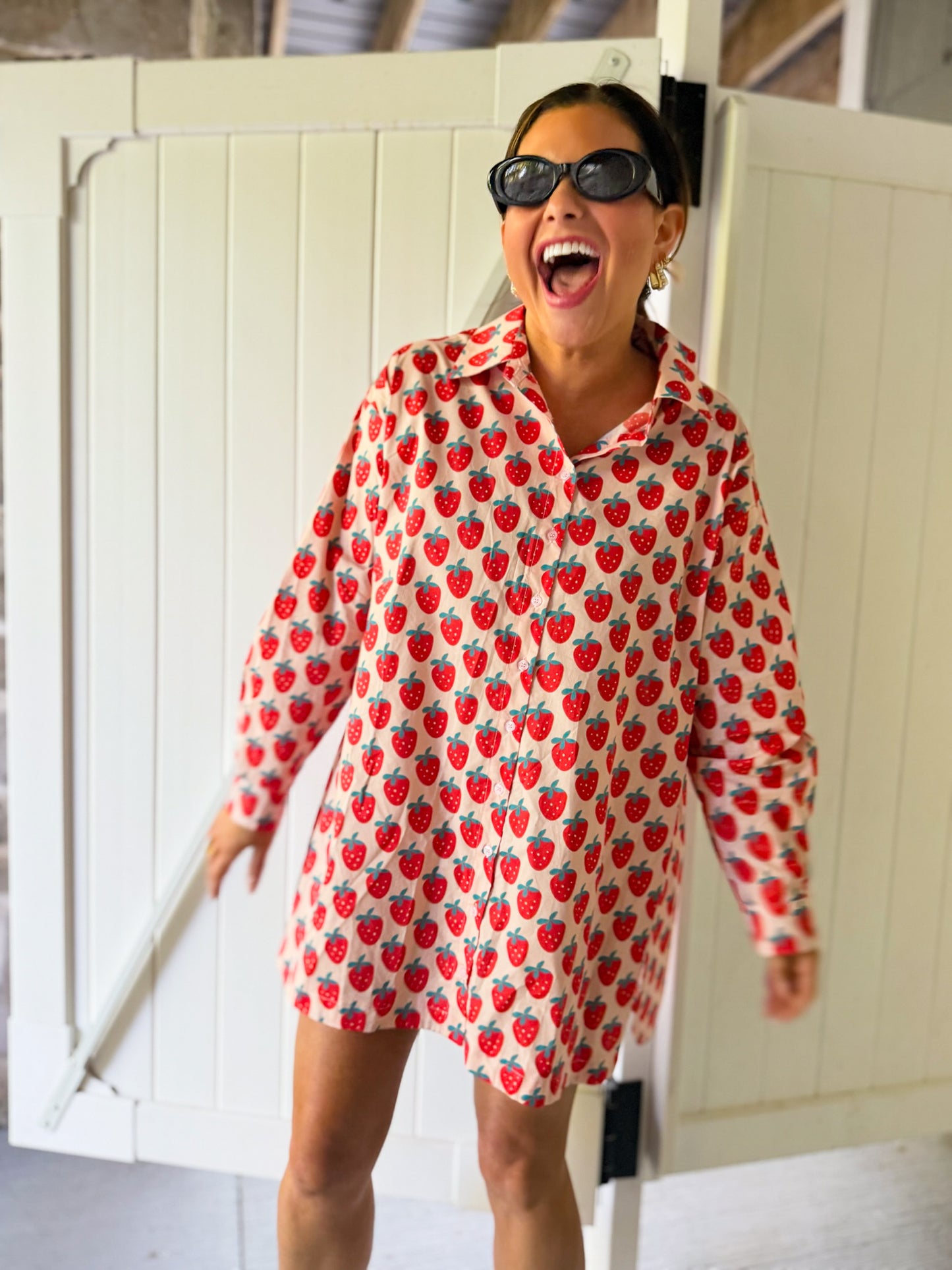 Strawberry Print Oversized Shirt Dress