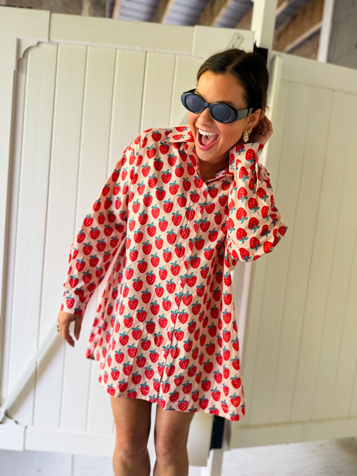 Strawberry Print Oversized Shirt Dress