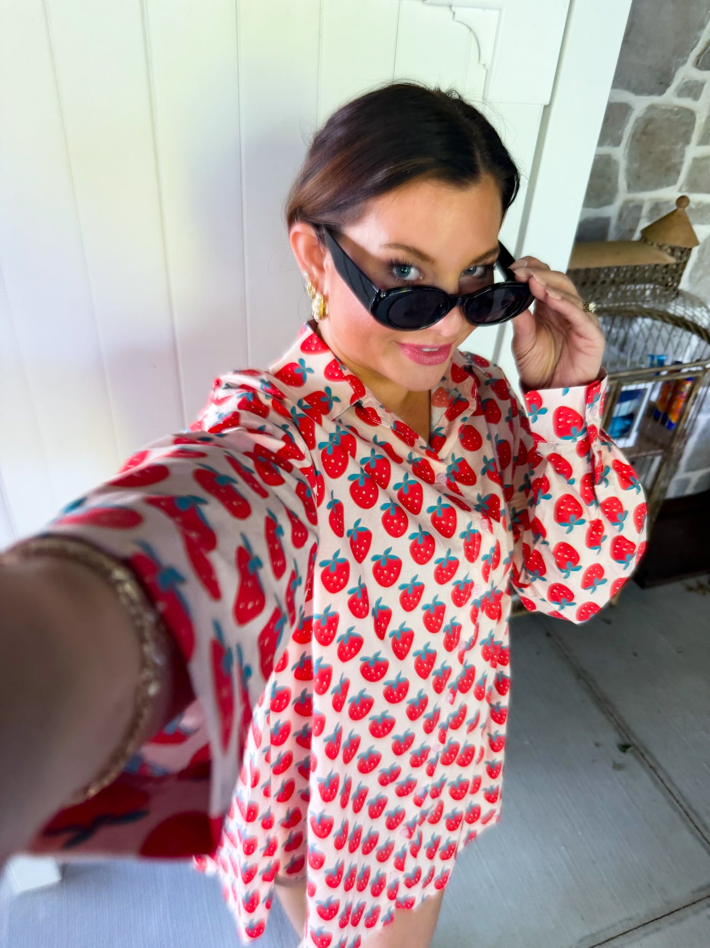 Strawberry Print Oversized Shirt Dress