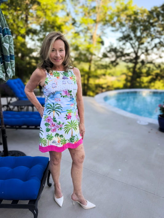 Paradisa Alys Pink Multi Cotton Linen Poolside Print Mini Dress