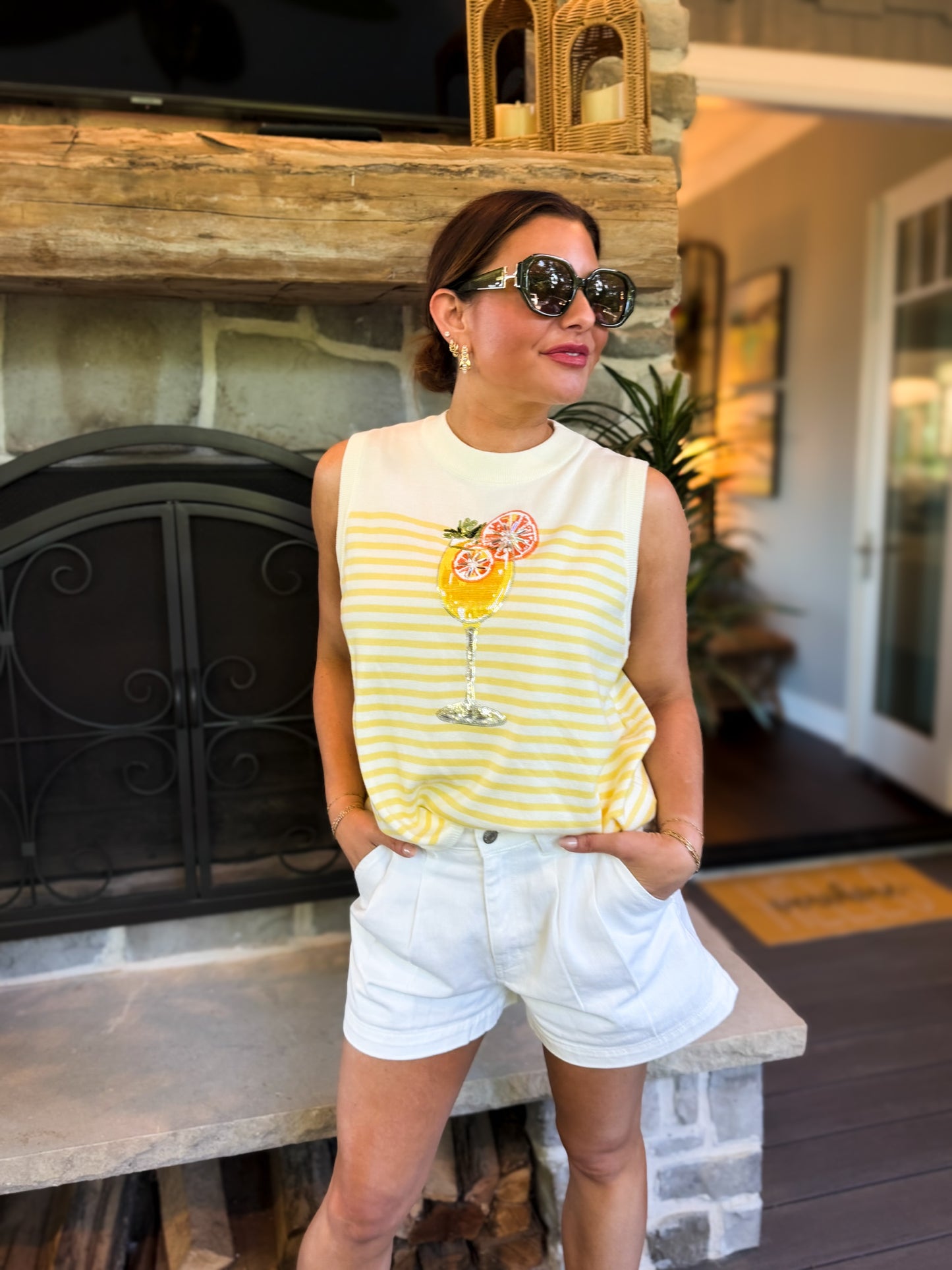 Ivory & Yellow Stripe Cocktail Knit Tank